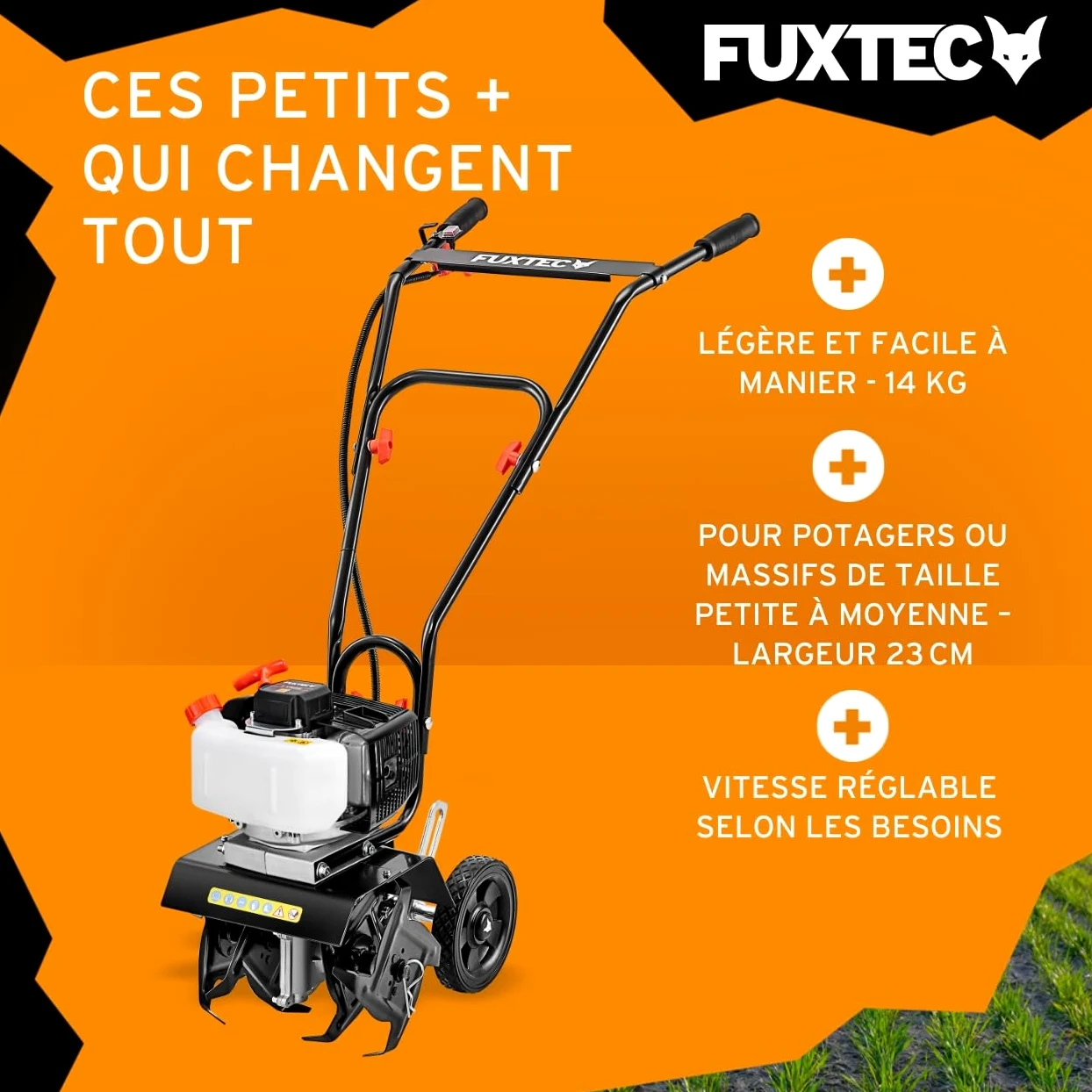 FUXTEC Motobineuse thermique FX-AF152 – Moteur 2 temps 51,6 cm³ – 23 cm de largeur – Profondeur de 70 mm – Fraises étoilées – Léger & maniable – Poignée ergonomique