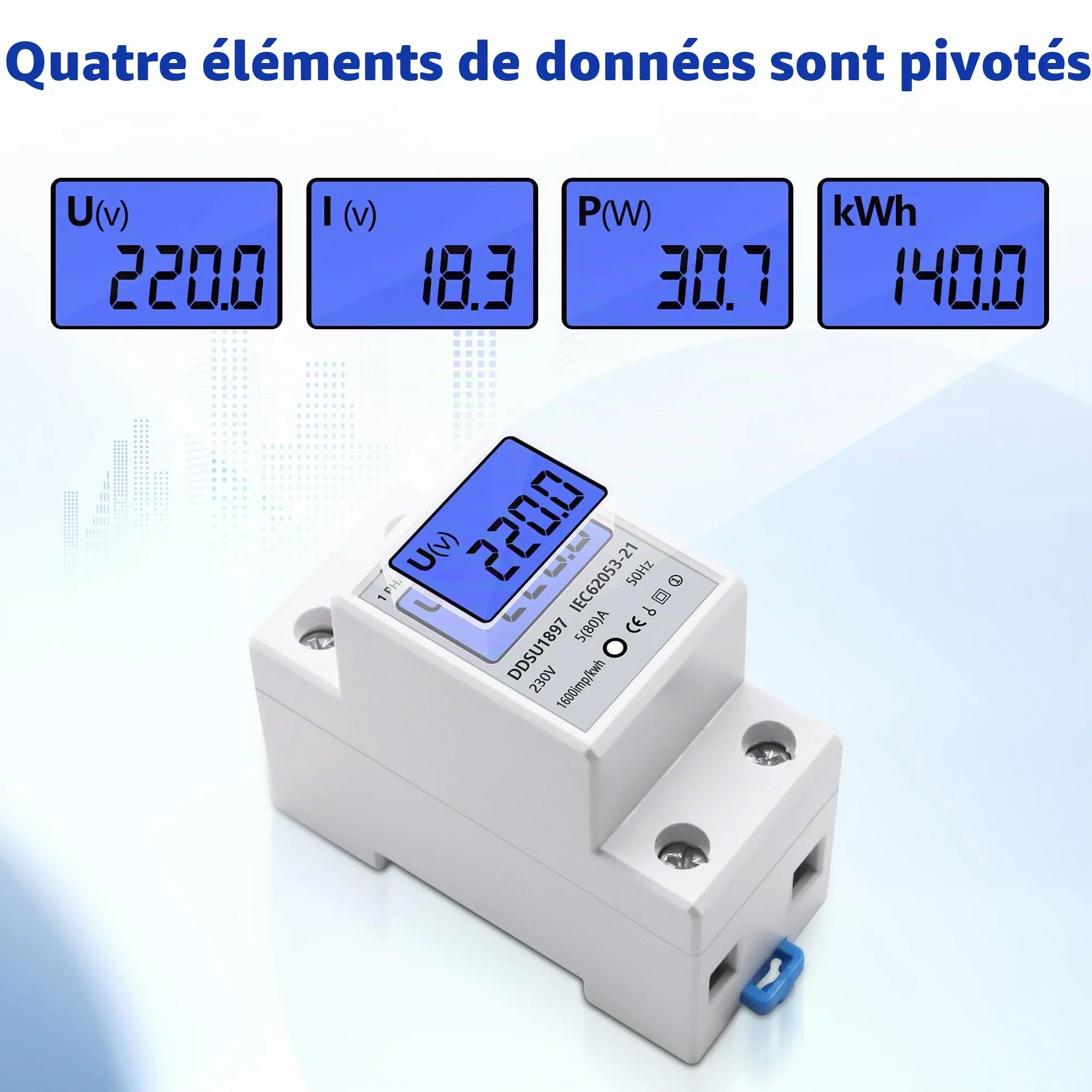 Compteur Électrique Monophasé LCD Rétroéclairé 50/60Hz Rail DIN 230 5(80)A Mesureur Consommation kWh