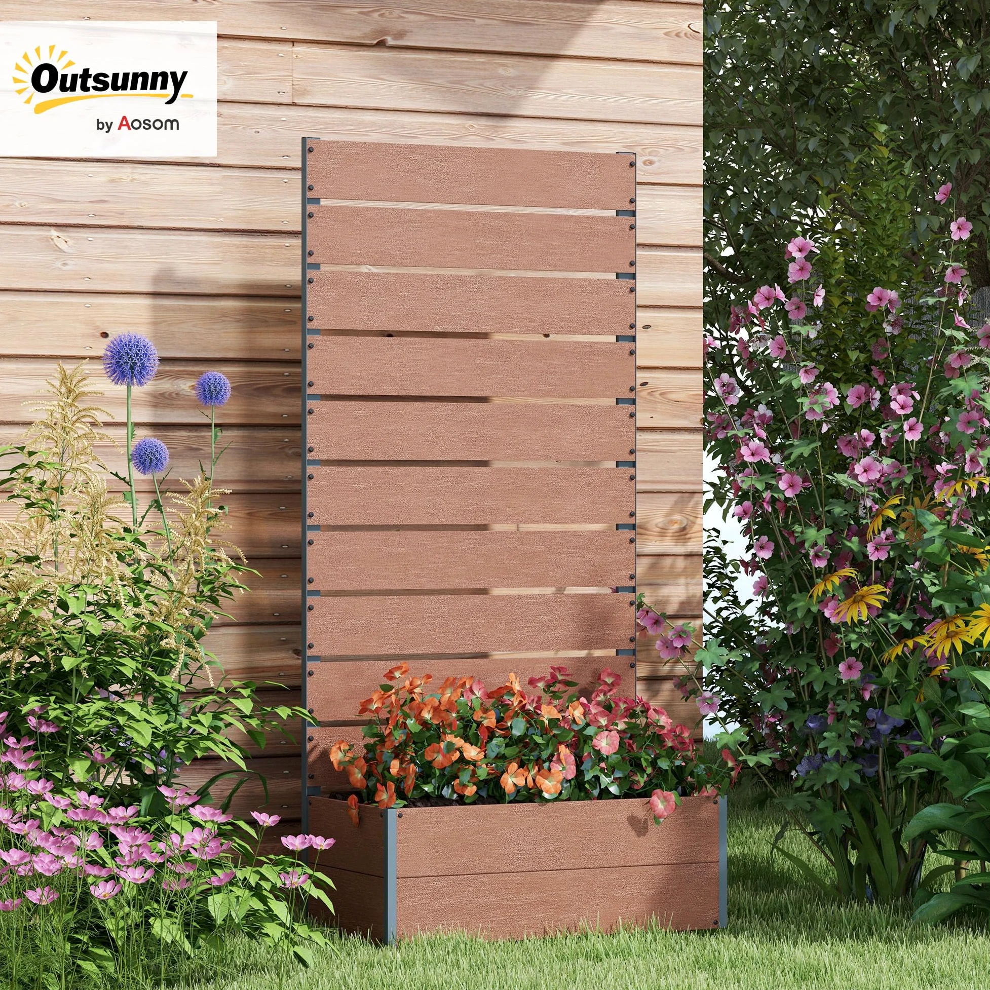 Outsunny Jardinière avec Treillis, lit surélevé de Jardin, jardinière extérieure pour Plantes grimpantes, bac à Fleurs rectangulaire Pot de Plantes pour Balcon terrasse, 72x38x150 cm, Marron Clair