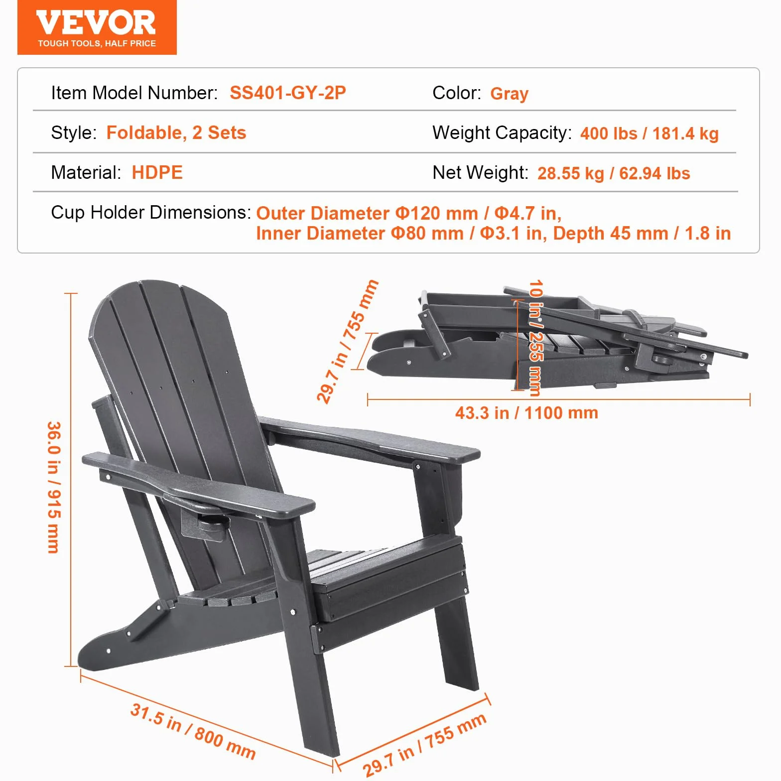VEVOR Chaise Adirondack en Plastique, Lot de 2, Fauteuil de Jardin Pliant Portable, Charge 181,4 kg, avec Porte-Gobelet, Accoudoir Relaxant, pour Toutes Saisons, Extérieur, Patio, Arrière-Cour, Gris
