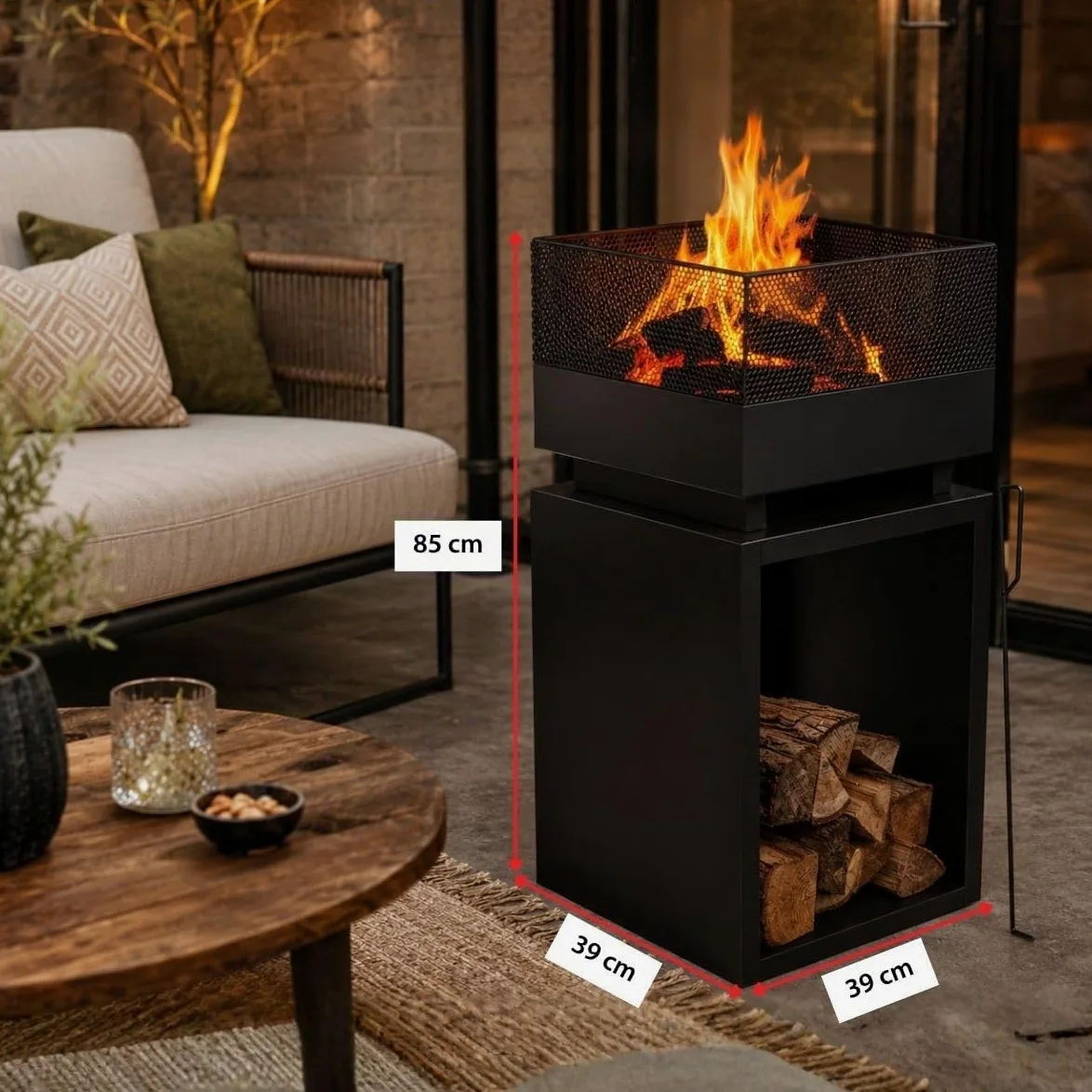 BBQ Collection Brasero Exterieus avec Pare-Étincelles - Cheminée de Jardin 39 x 39 x 85 cm - Cheminée Decoration Jardin Exterieur et Rangement du Bois de Chauffage - Acier au Carbone