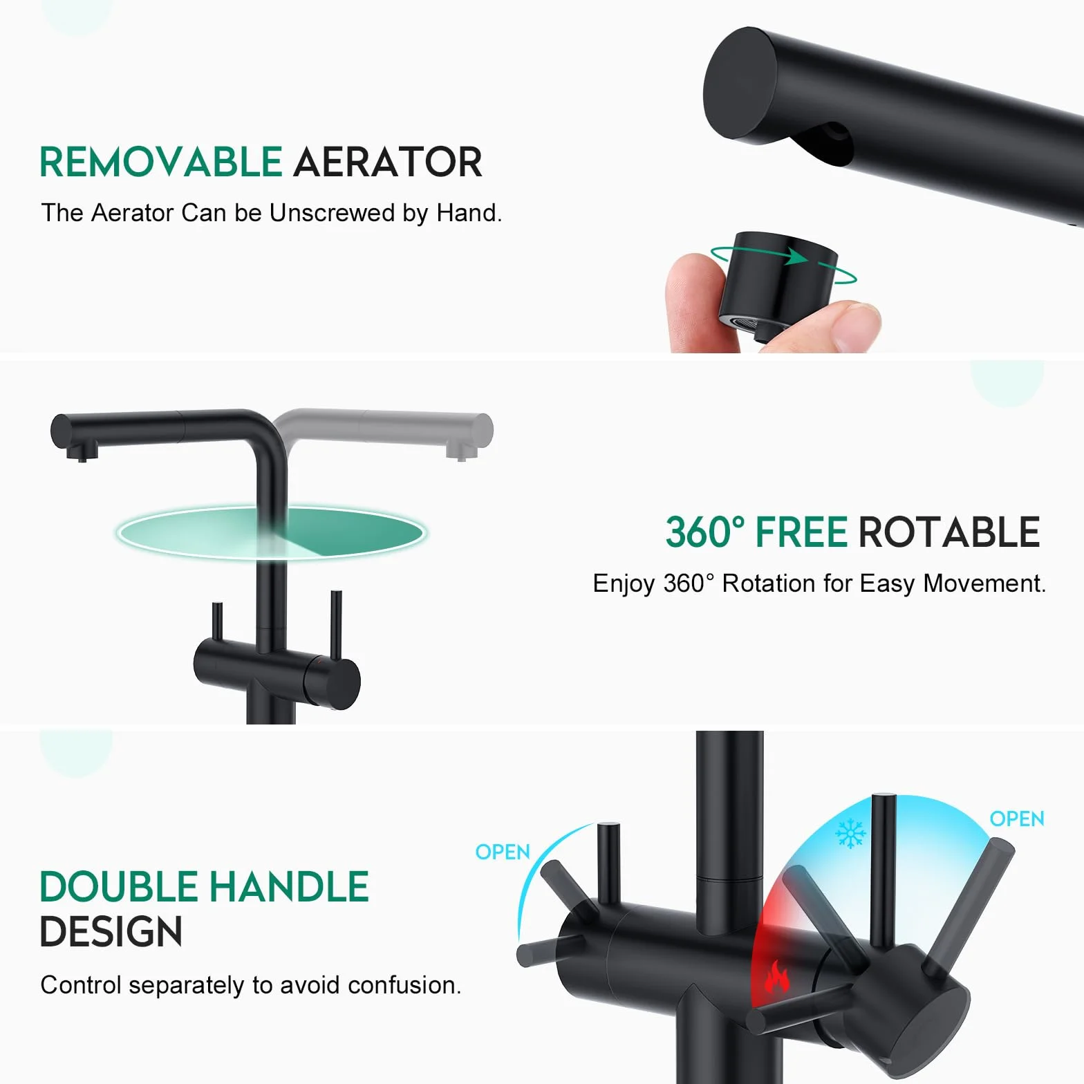 CREA Robinet Cuisine 3 Voies avec Douchette Extractible, Mitigeur Pivotant 360°, Noir Mat