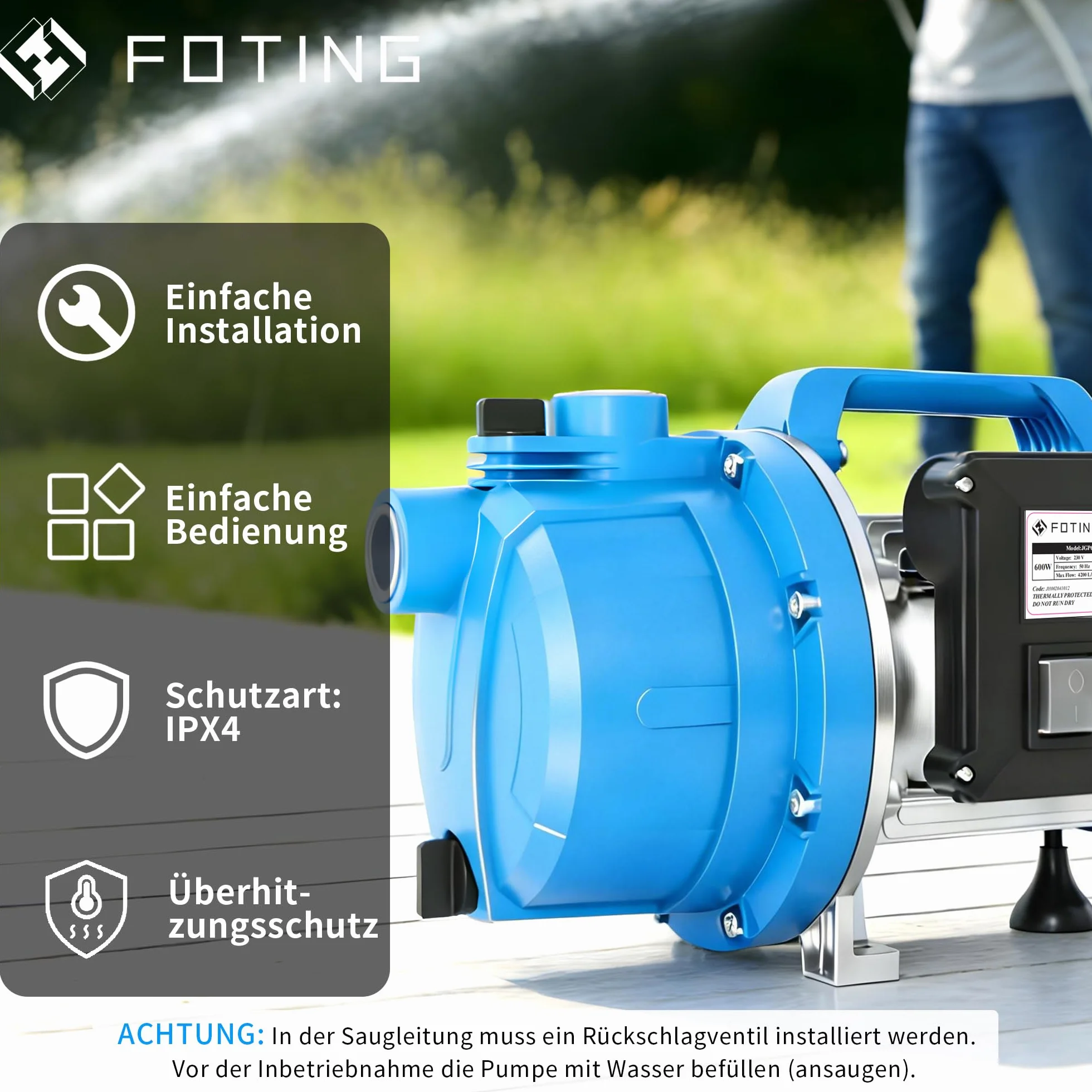 FOTING Pompe de jardin 4200 L/h 600 W HMT 38 m 4,5 bar Aspiration 7 m Raccord G1"