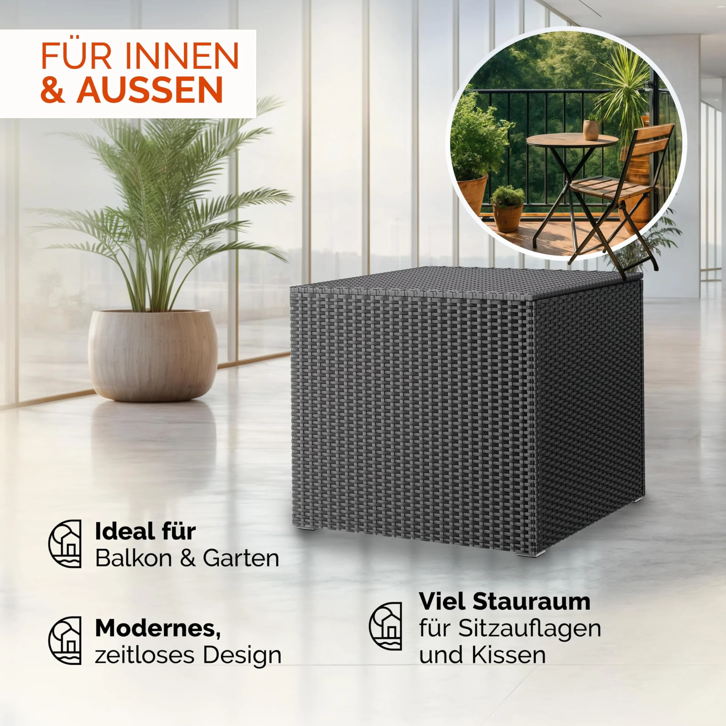 Casaria Coffre de rangement 318 L 75x75x70cm Polyrotin Résistant intempéries Imperméable Balcon Noir