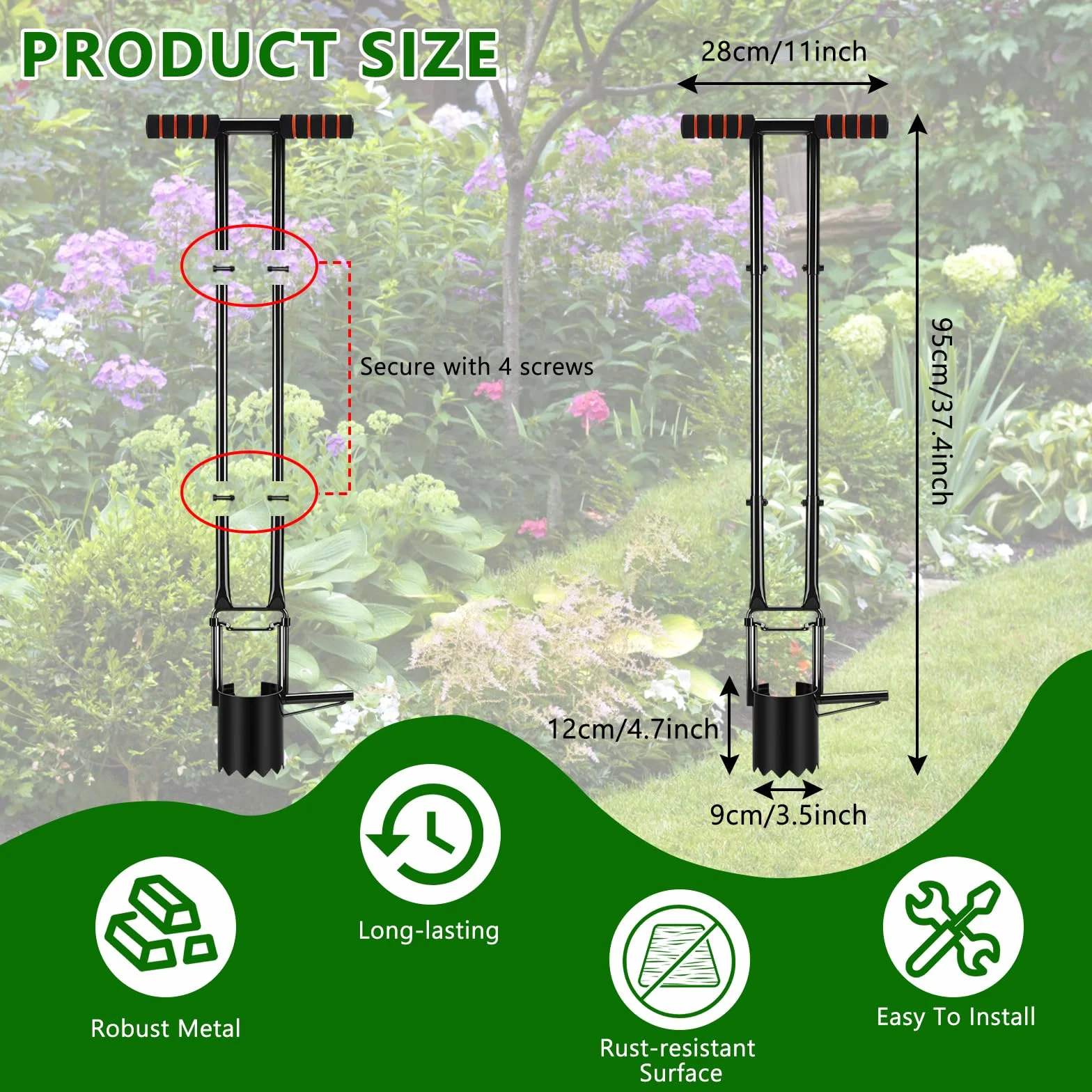 Planteur de Bulbes de 95 cm avec Gants, Profondeur de 11.9 cm, Aide à la Plantation avec Bord en Dents de Scie, Aérateur d'ampoule pour Tulipes, Jonquilles, Oignons, Pommes de Terre, Tomates