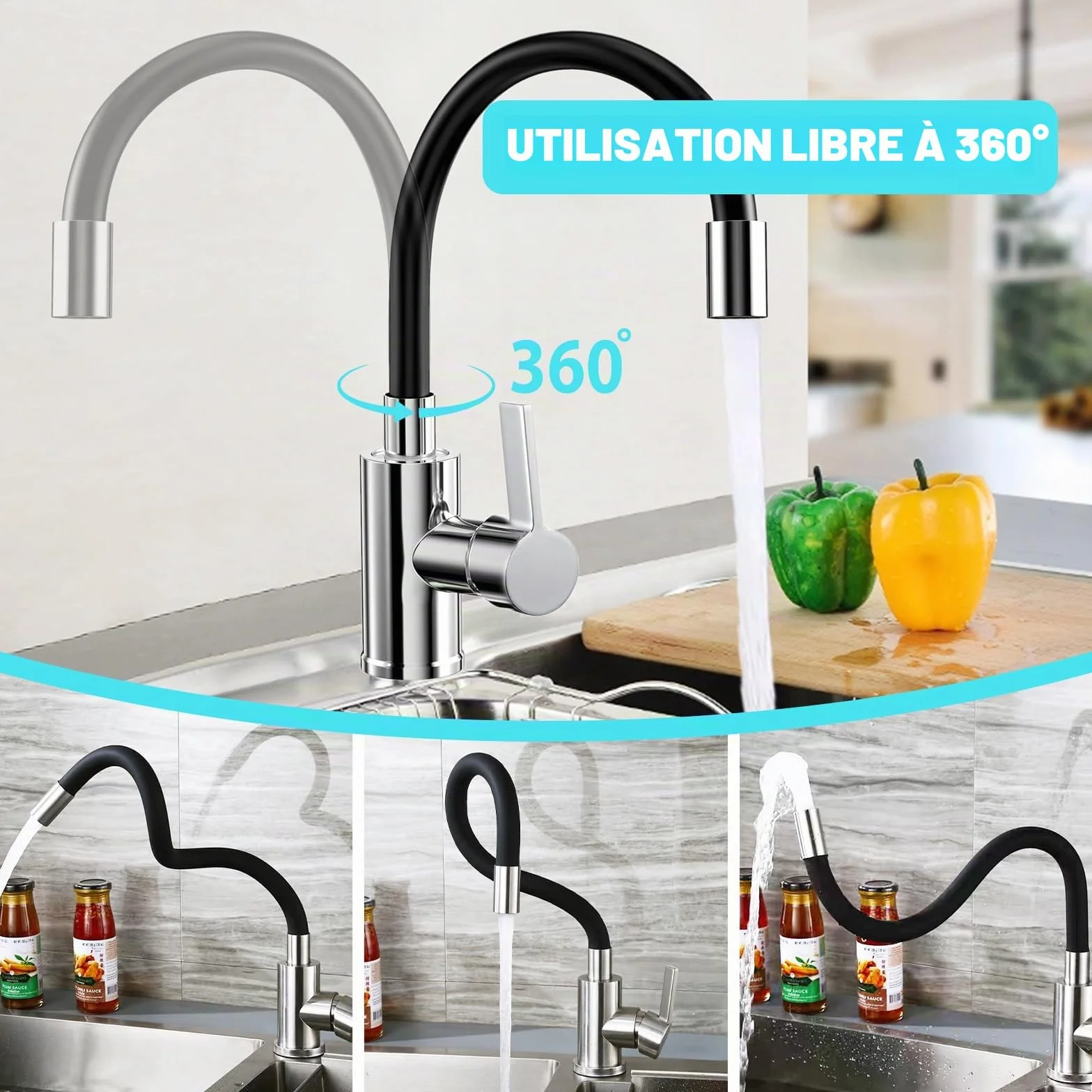 Mitigeur Cuisine Rotatif 360° Acier Inoxydable Bec Flexible Robinet Evier Haute Pression Noir