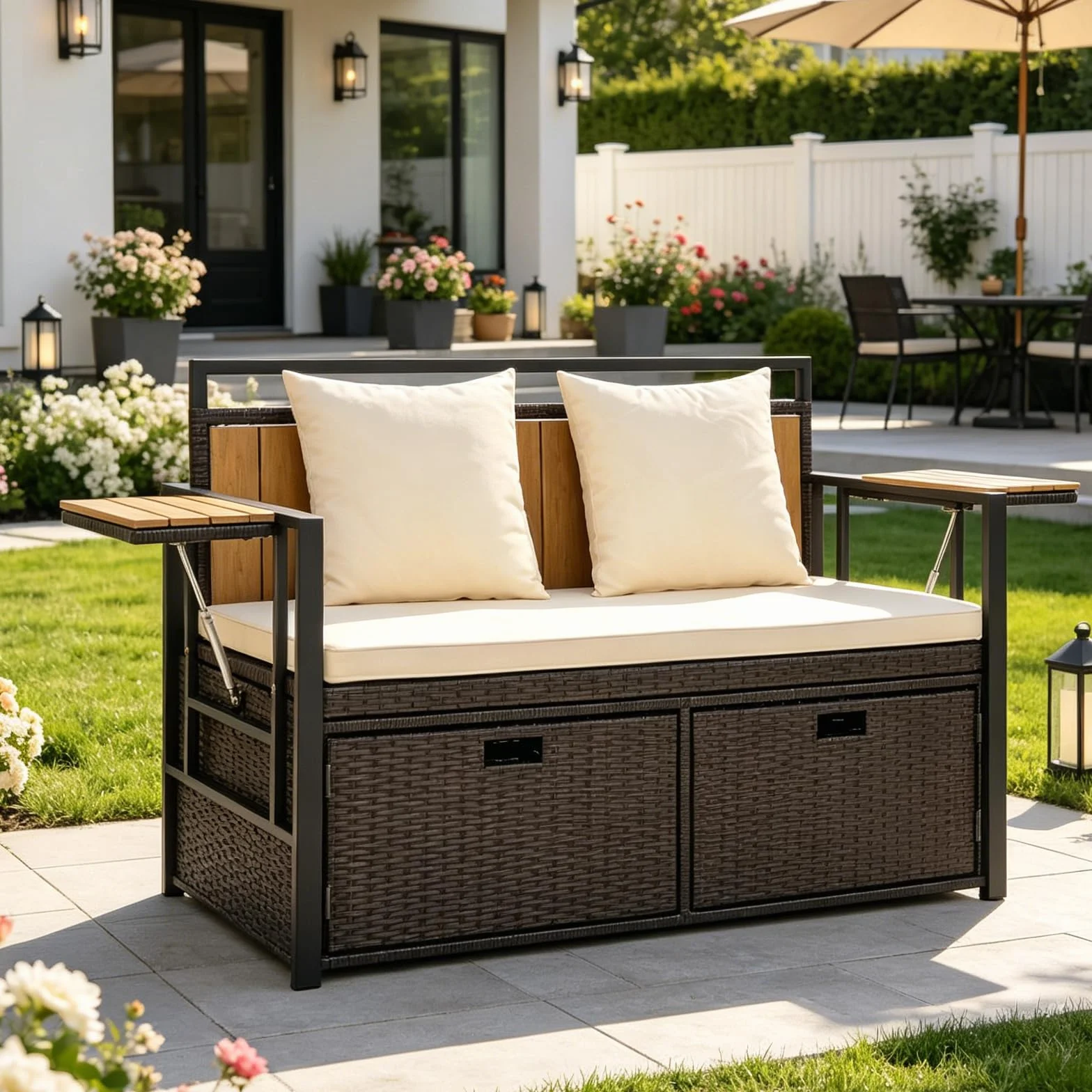 SOARS Canapé Extérieur Salon 2 Places, Canapé de Rangement 142,5 L en Rotin PE, avec Coussin, 2 Oreillers, Structure Métallique, 2 Table d'Appoint Pliante, Charge 360 KG, pour Jardin Balcon (Blanc)