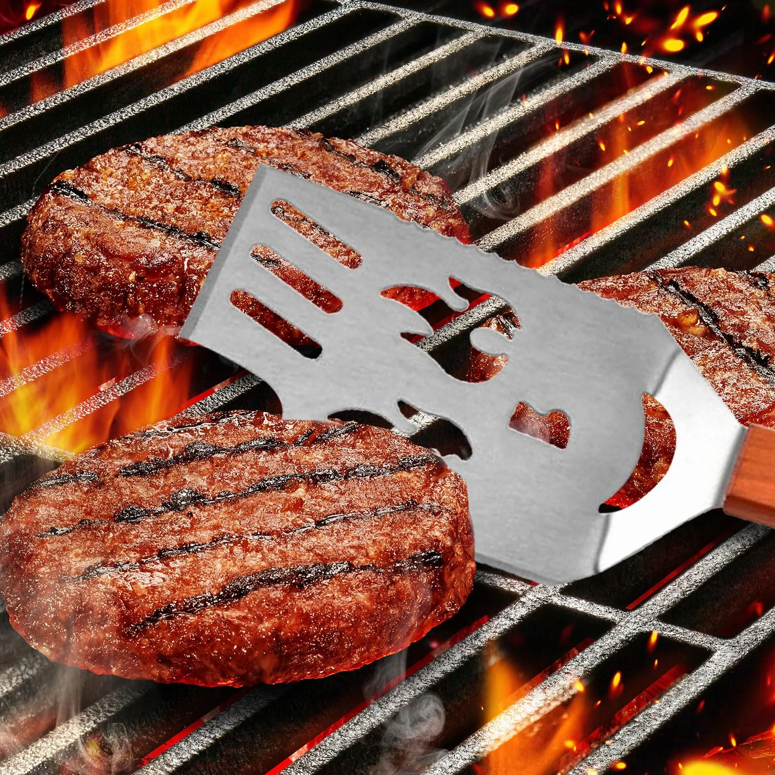 Set Ustensiles Barbecue 8 en 1, Spatule 42 cm et Fourchette 33 cm, Acier Inoxydable, Bois, Décapsuleur
