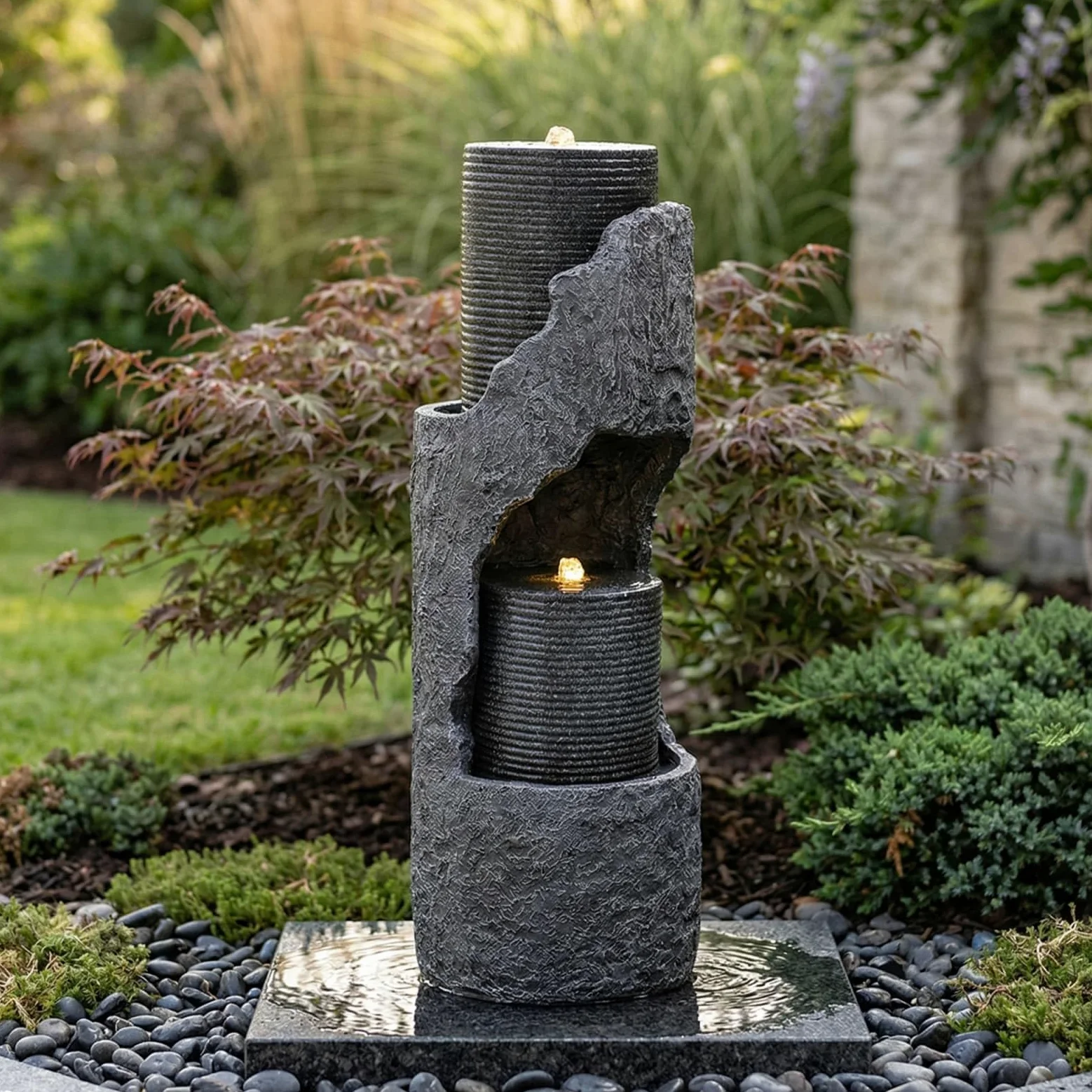 KOMHTOM Fontaine de Jardin, Cascade Exterieur avec LED, Colonne Cylindrique Moderne, Aspect Pierre Naturelle en Resine, Pompe a Eau Incluse, pour Terrasse Balcon Cour(Style 4 - Gris)
