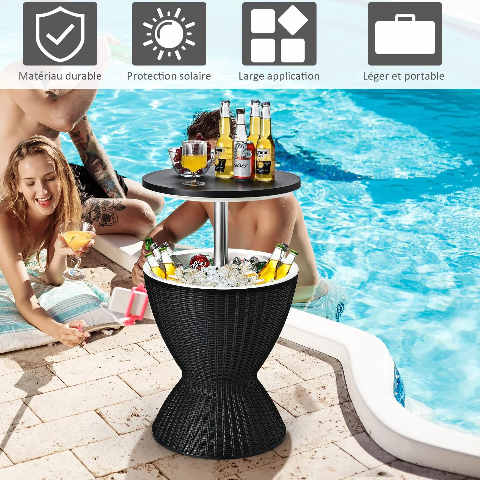 Table Glacière 30L Seau à Glace Imitation Rotin avec Plateau Relevable 2 en 1
