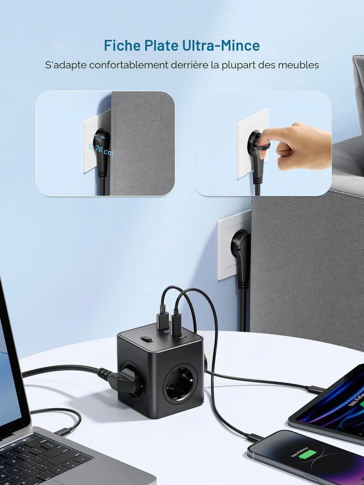 Multiprise Power Cube 8-en-1 avec Interrupteur 4 Prises USB-A USB-C 1,5 m Noir