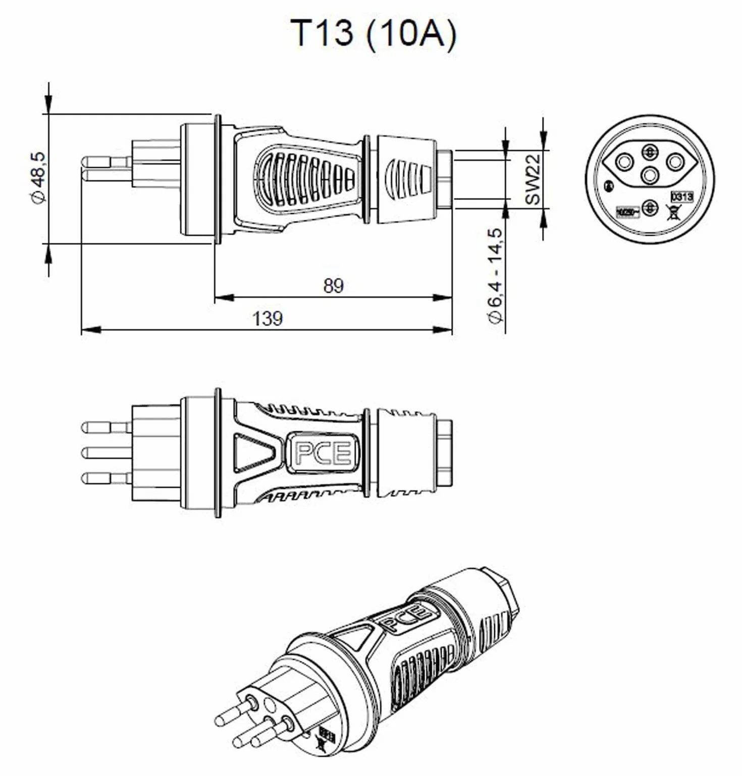 Fiche SK 230 V 10 A IP55 standard suisse T13 noir