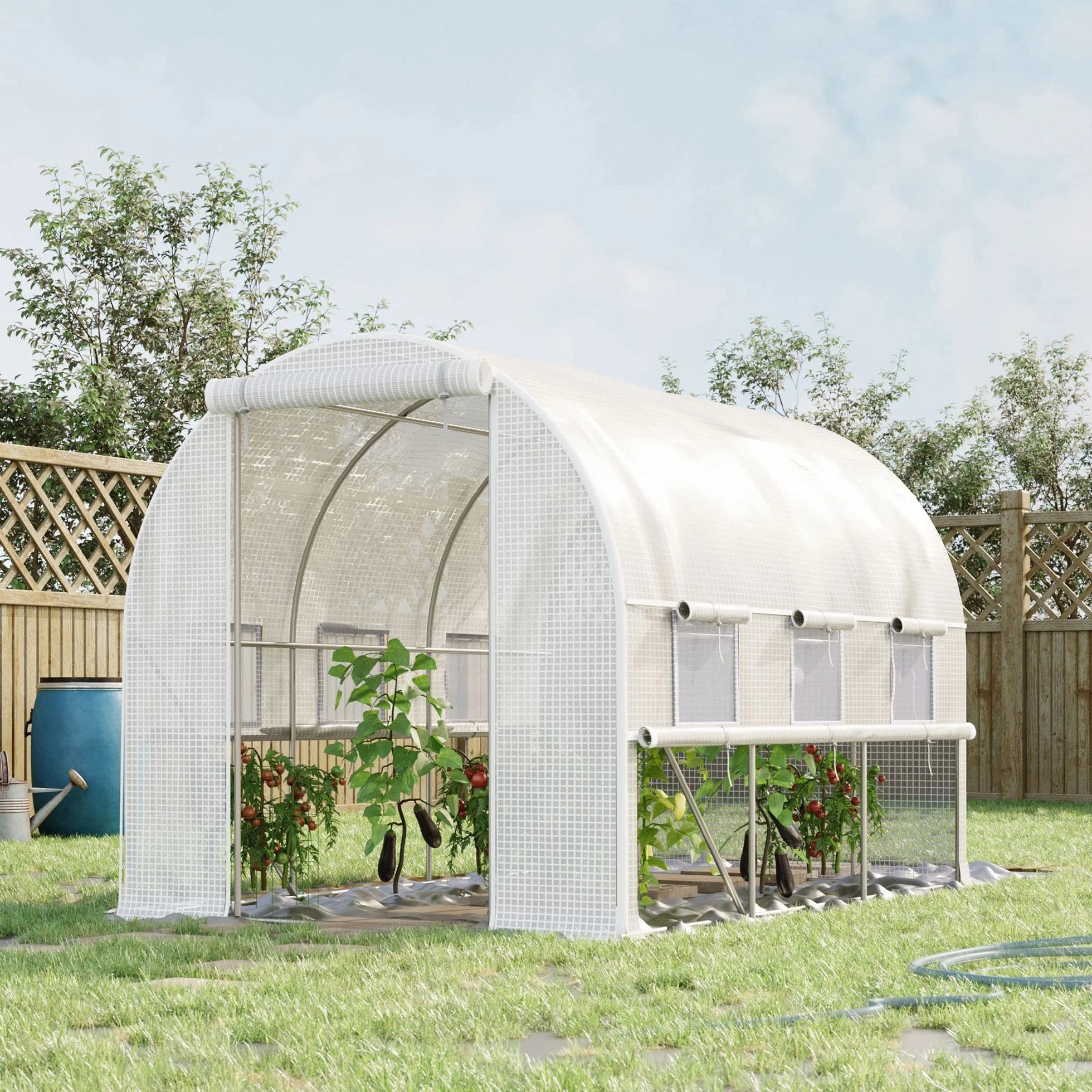 Outsunny Serre de Jardin Tunnel, Serre Tunnel 6 m² avec 6 fenêtres et 1 Porte Enroulable, Toile PE Structure en Acier galvanisé, Blanc