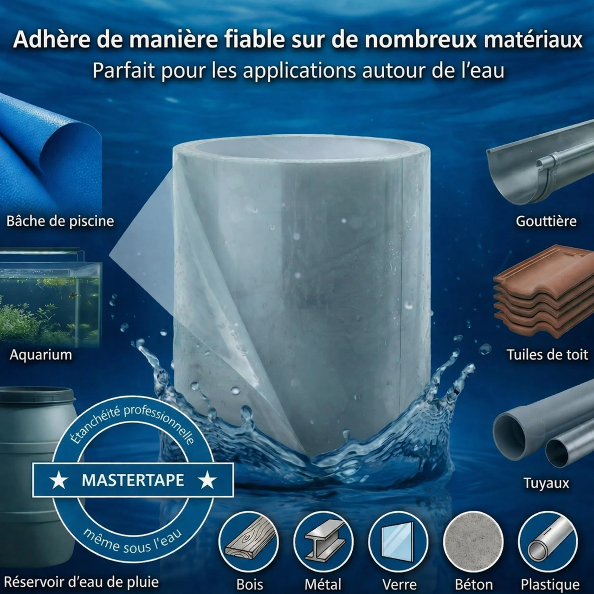 Ruban adhésif sous-marin étanche réparation piscine 10 cm x 150 cm transparent