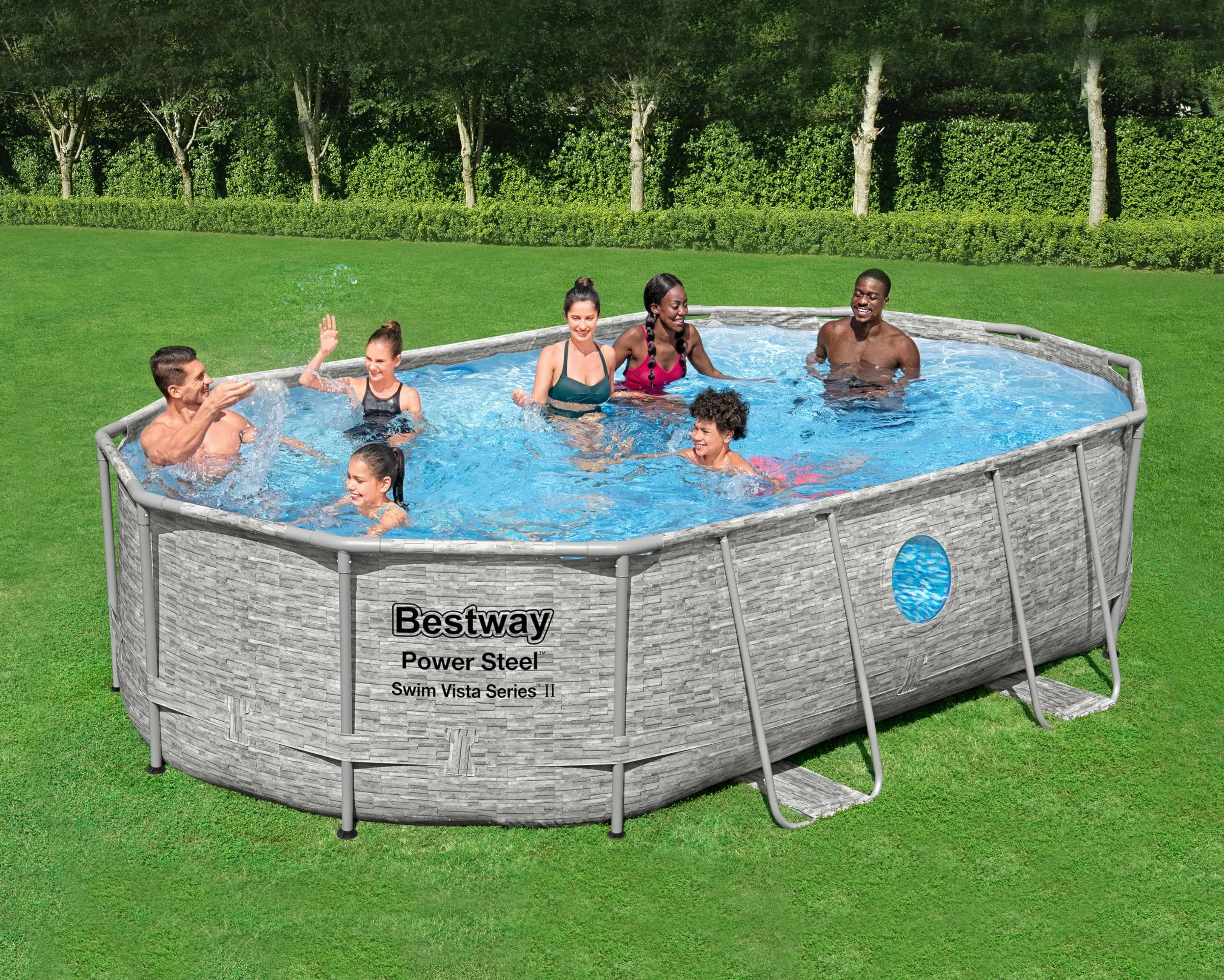 Bestway Power Steel Swim Vista Series Pool Kit Complet Ovale avec Filtre à Sable, échelle de sécurité et bâche 488 x 305 x 107 cm
