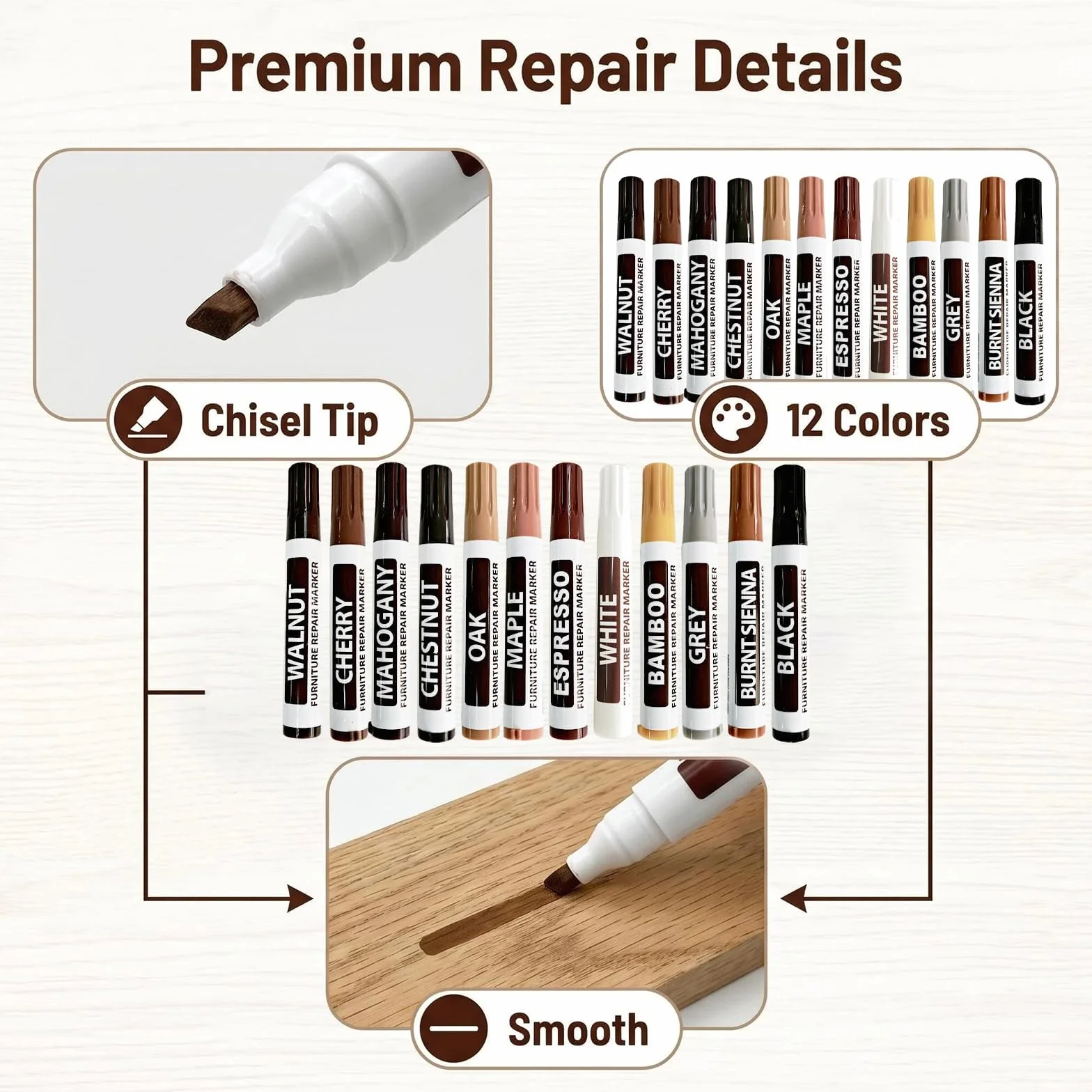 Stylo Marqueurs pour Réparation de Meubles en Bois, Set de Réparation (12 ml, Couleurs Variées) pour Parquet, Meubles, Portes