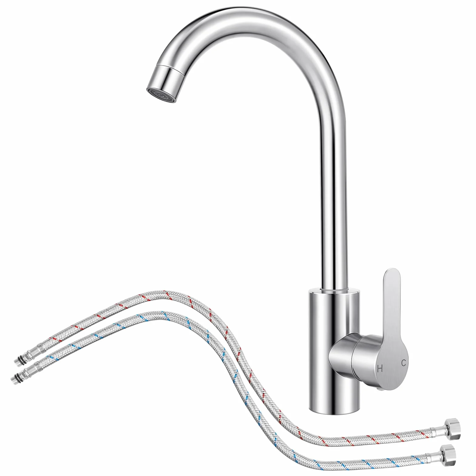 Mitigeur Cuisine Acier Inox Bec Pivotant 360° Monocommande Tuyau Flexible G3/8 x M10