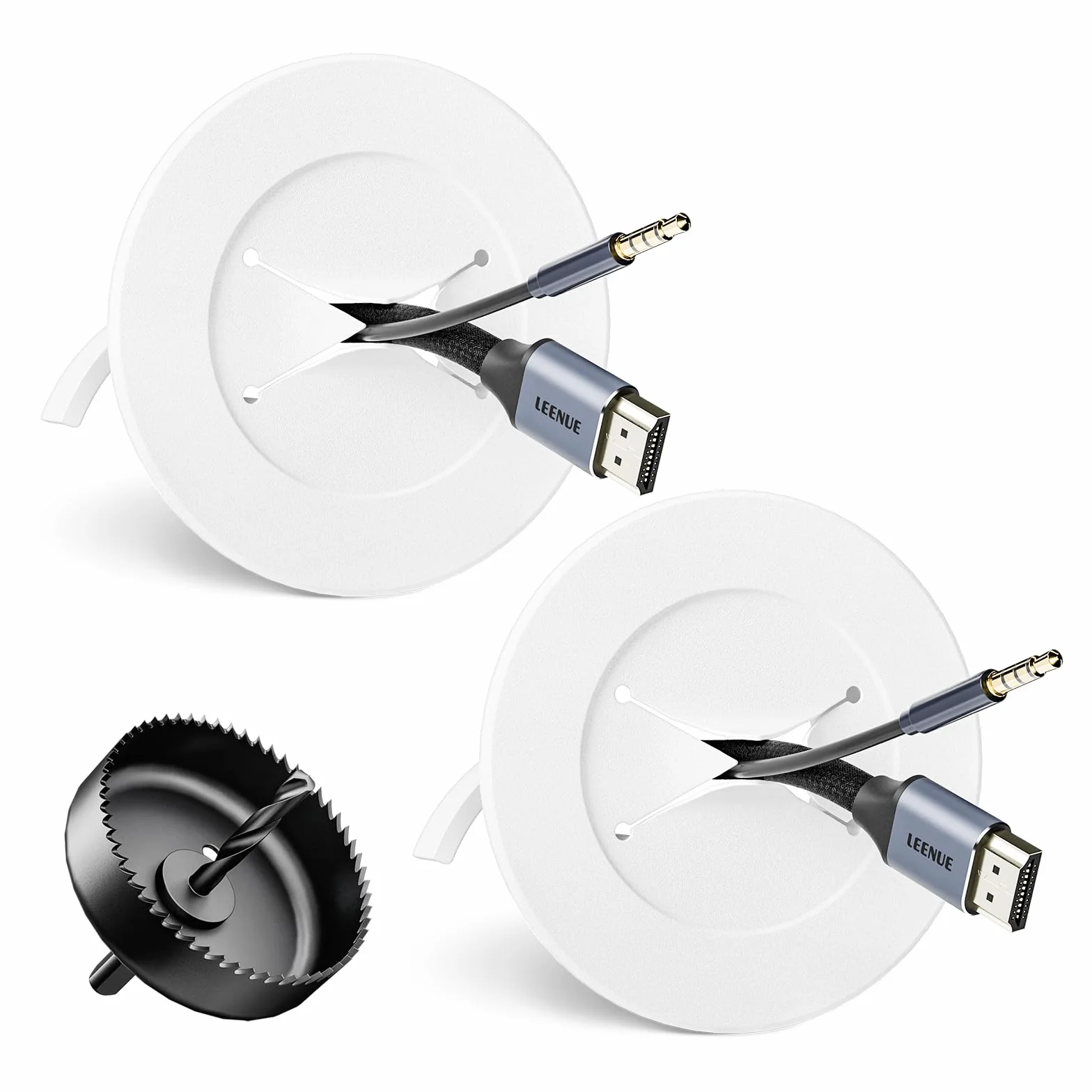 Lot de 2 passe-câbles encastrés avec scie cloche 76 mm blanc pour téléviseur mural