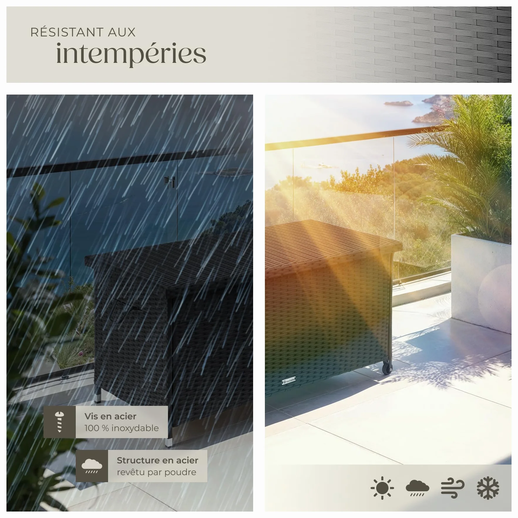 tectake Coffre de Jardin 270L Aspect Rotin 120x55x61.5cm avec Roulettes Couvercle Rabattable