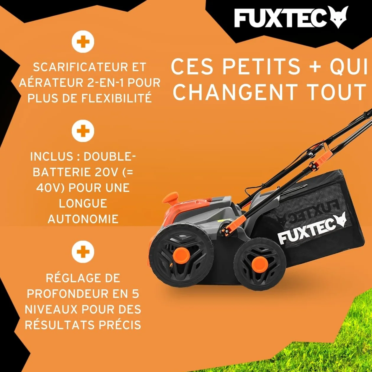 FUXTEC Aérateur à batterie 40 V FX-E2VE38SET - 2 en 1 Aérateur et Scarificateur, Largeur 38 cm, Panier 45 L, 2 piles incluses
