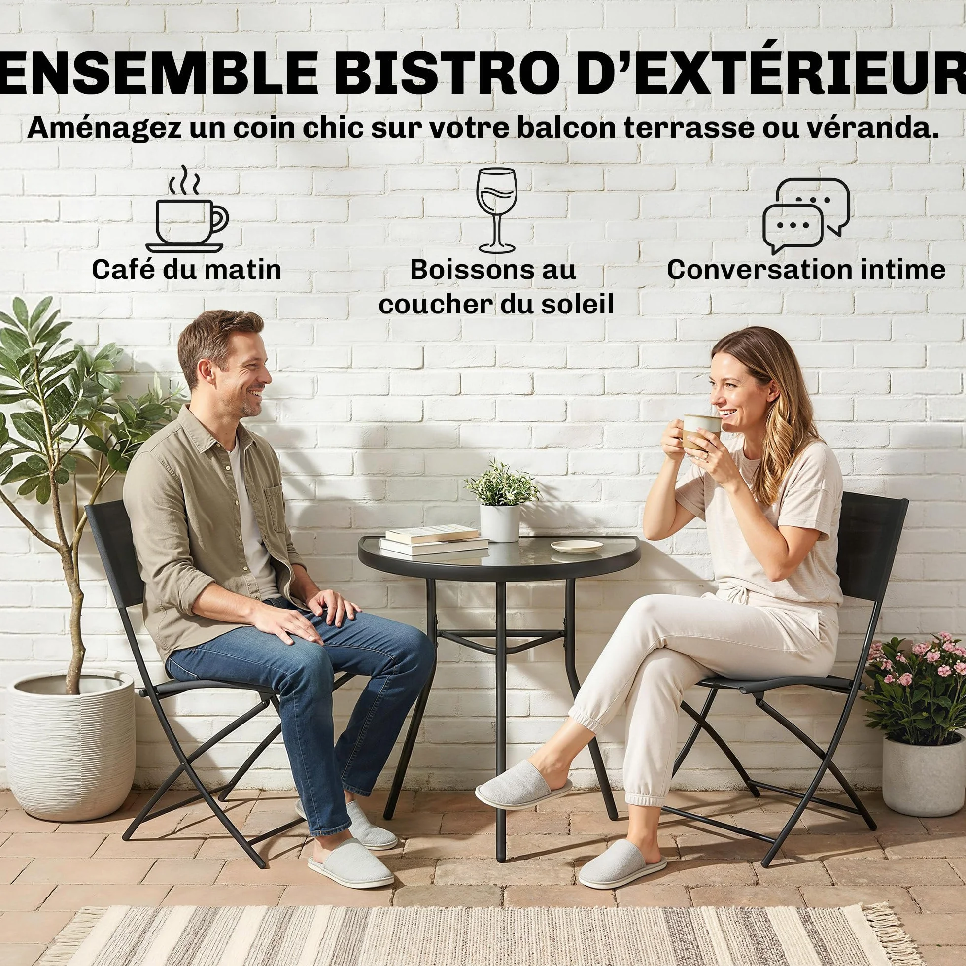 Outsunny Ensemble Salon Jardin Bistrot 3 Pièces Table Semi-Circulaire 2 Chaises Pliantes Maille Cadre Métallique Noir