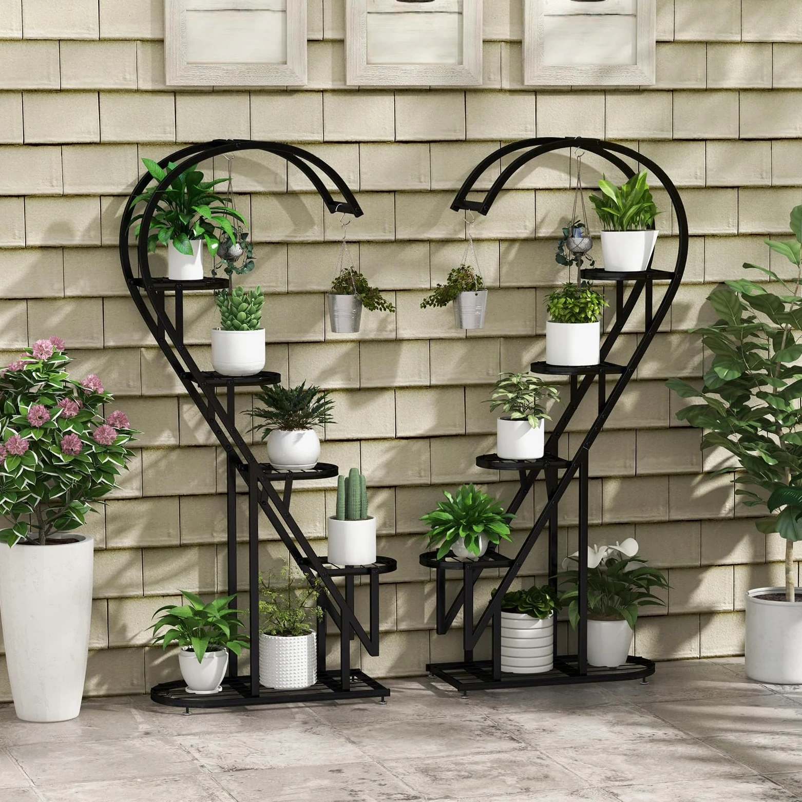 HOMASIS Support pour plantes à 5 étages en métal en forme de cœur - Avec crochets - Pour l'intérieur et l'extérieur - Pour salon, jardin, balcon, terrasse - Noir
