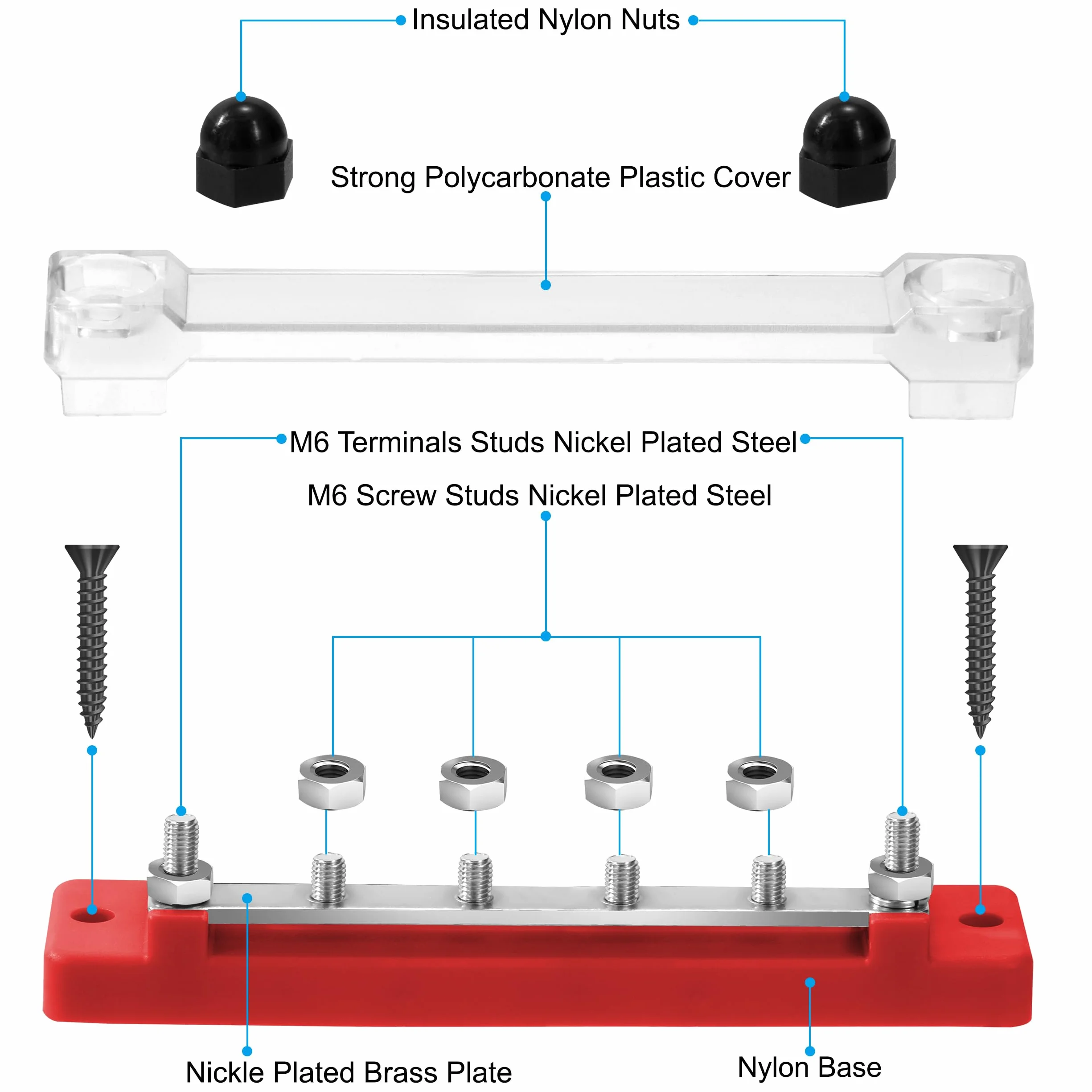 Bloc de Distribution Alimentation 12V-48V DC Barres de Distribution BusBar 150A 6 x M6 Boulons de Borne Rouge
