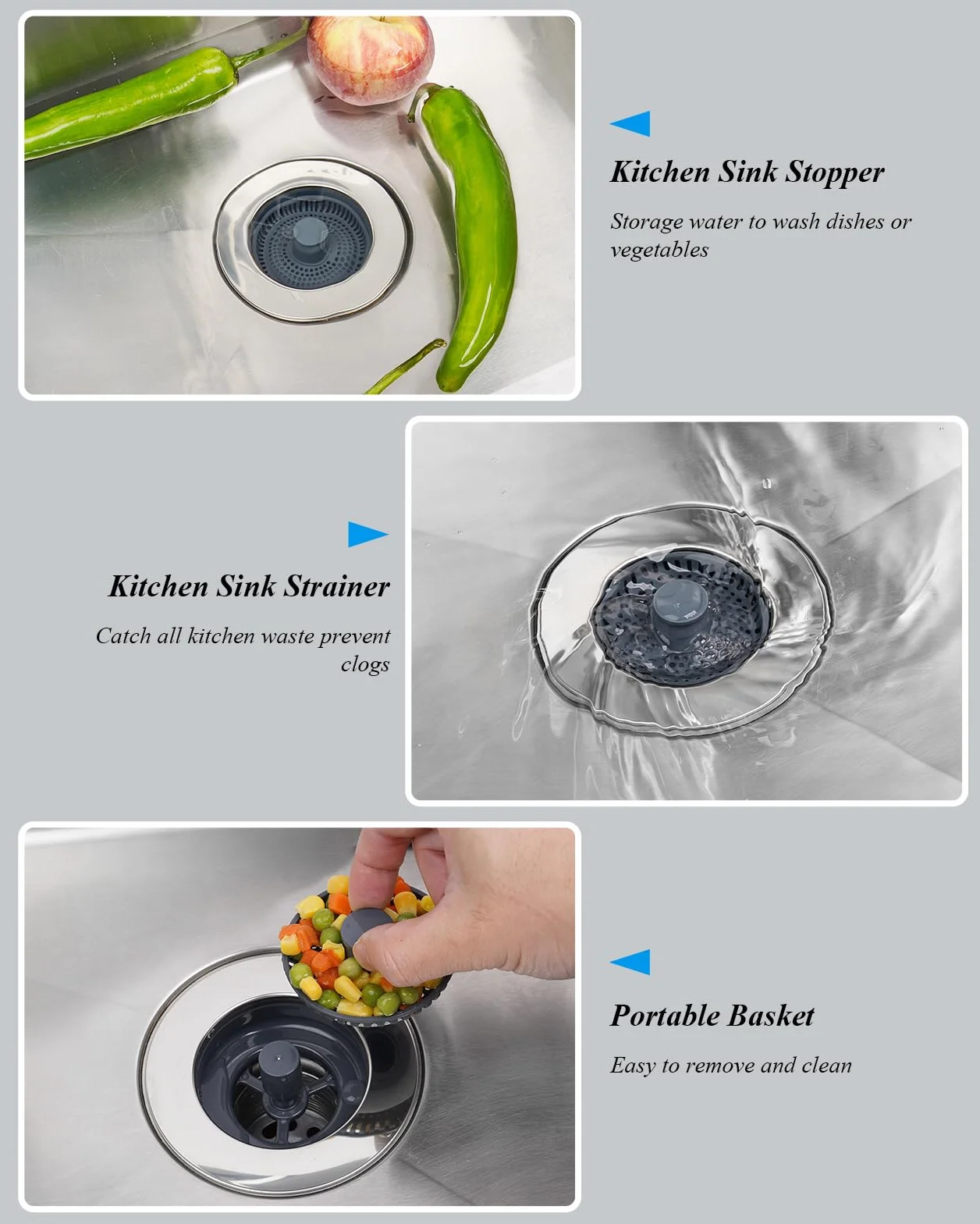 Hibbent Évier de Cuisine Passoire et Bouchon 3 en 1 Acier Inoxydable Anti-colmatage 70-86mm