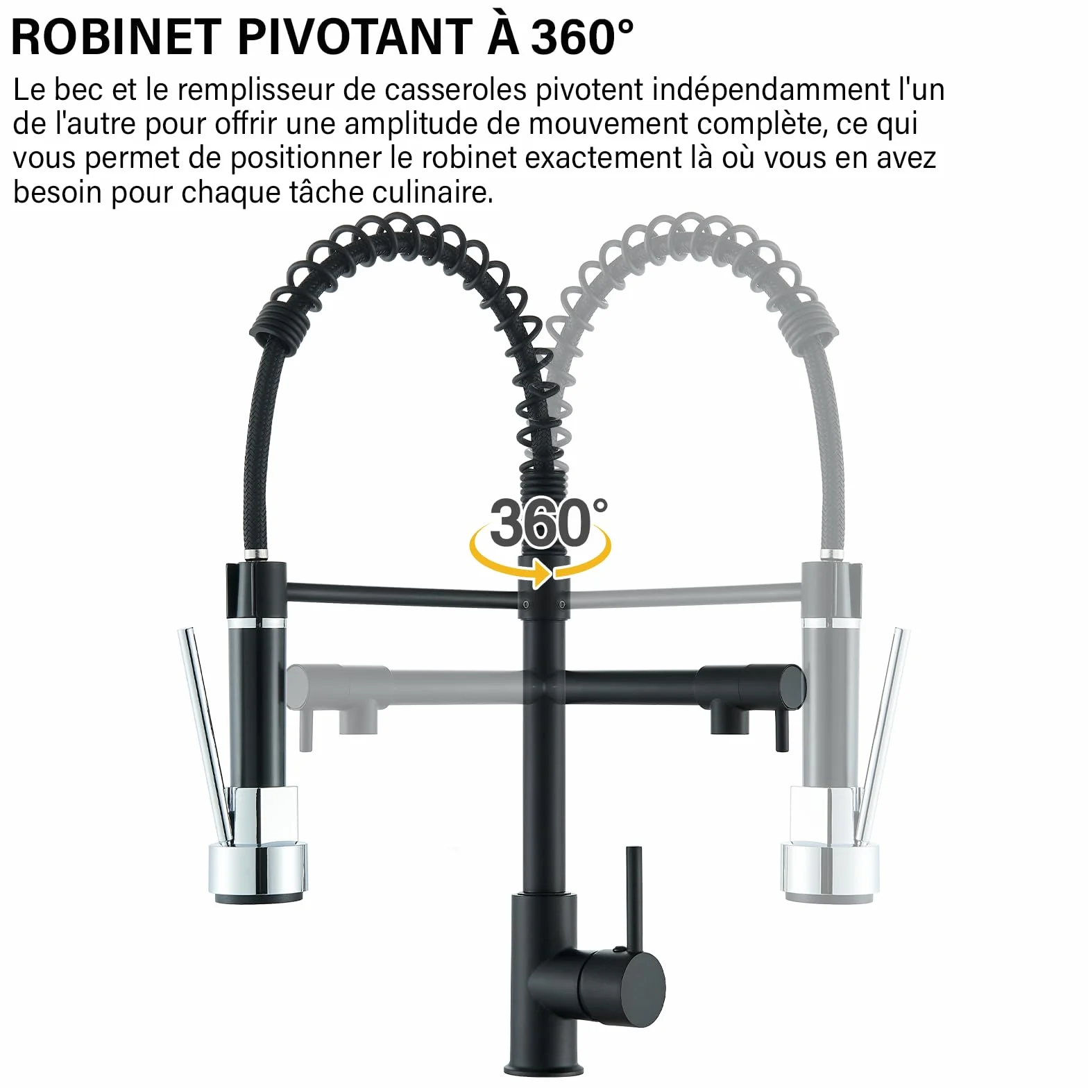 Robinet de Cuisine Noir Mitigeur Deux Jets Douchette Flexible Pivotante Rétractable Bec Haut Arc Élevé Rotatif 360°