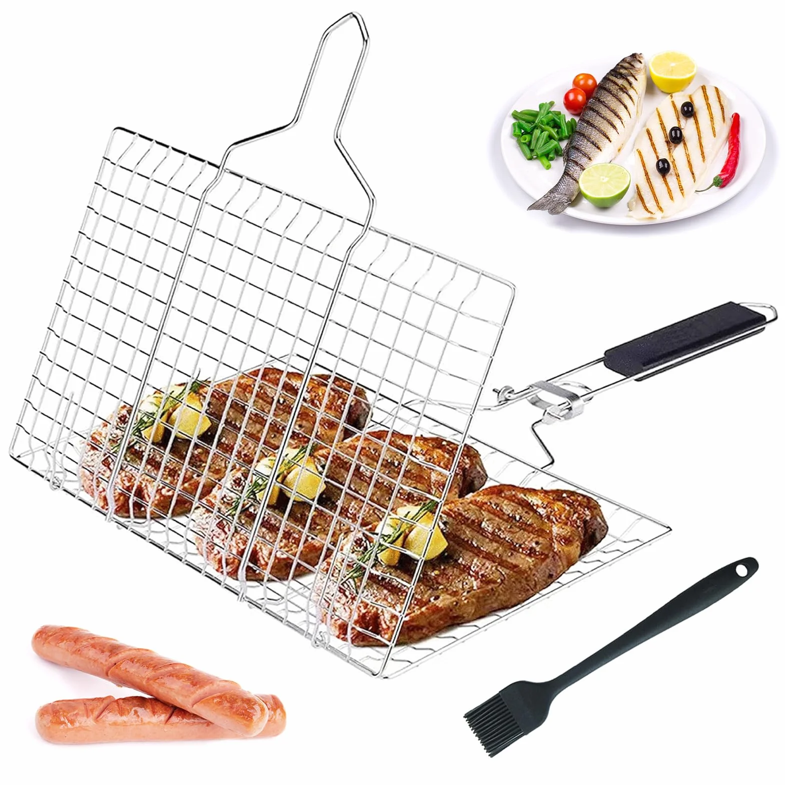 PNOOFR Panier Grille pour Barbecue, Grille Barbecue, Plat Cuisson Barbecue en Acier Inoxydable avec poignée, Support de Barbecue Portable pour l'extérieur avec Brosse à Badigeonner