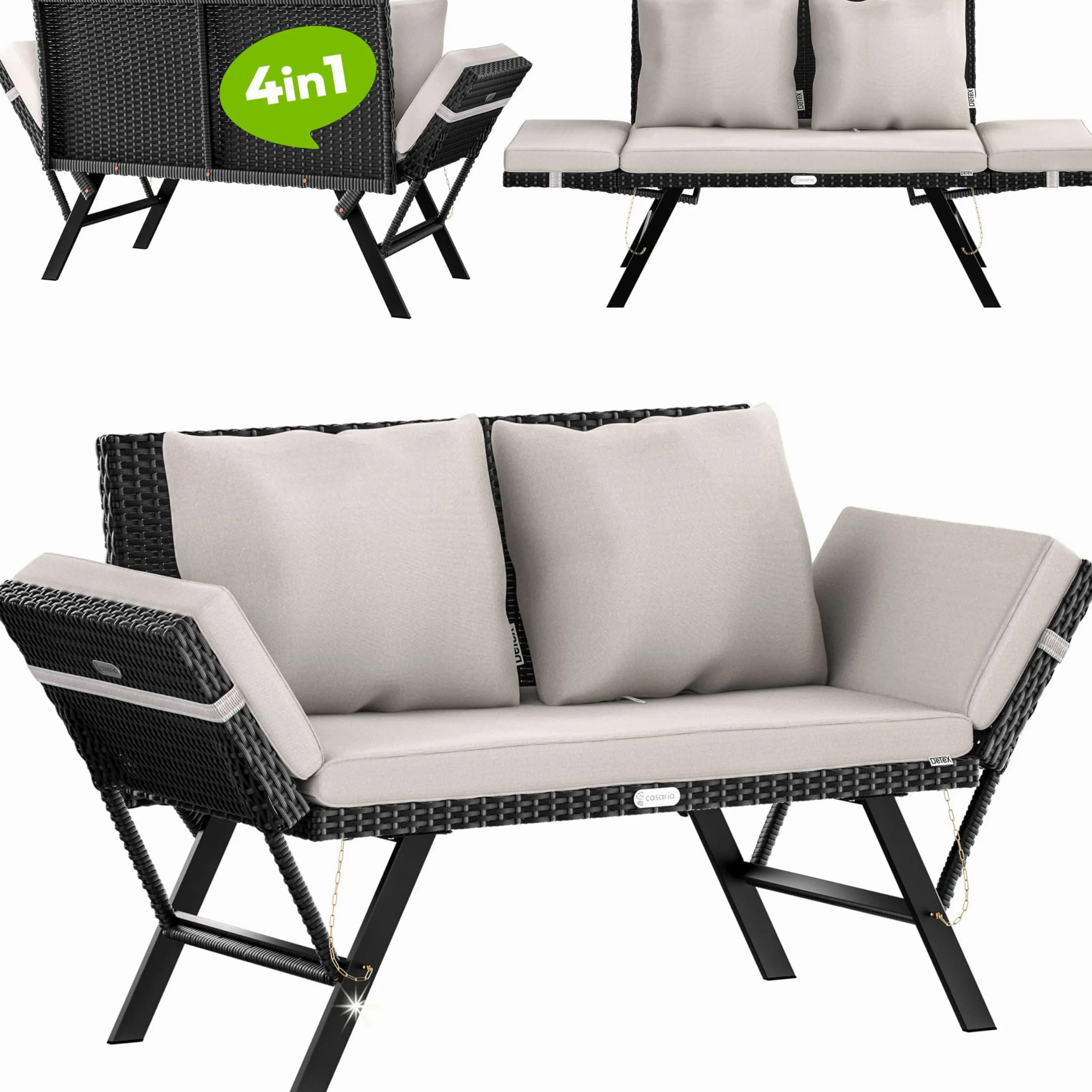 Casaria® Banc de Jardin Noir/Blanc polyrotin Fonction Chaise Longue réglables Extérieur Jardin Terrasse Balcon Canapé