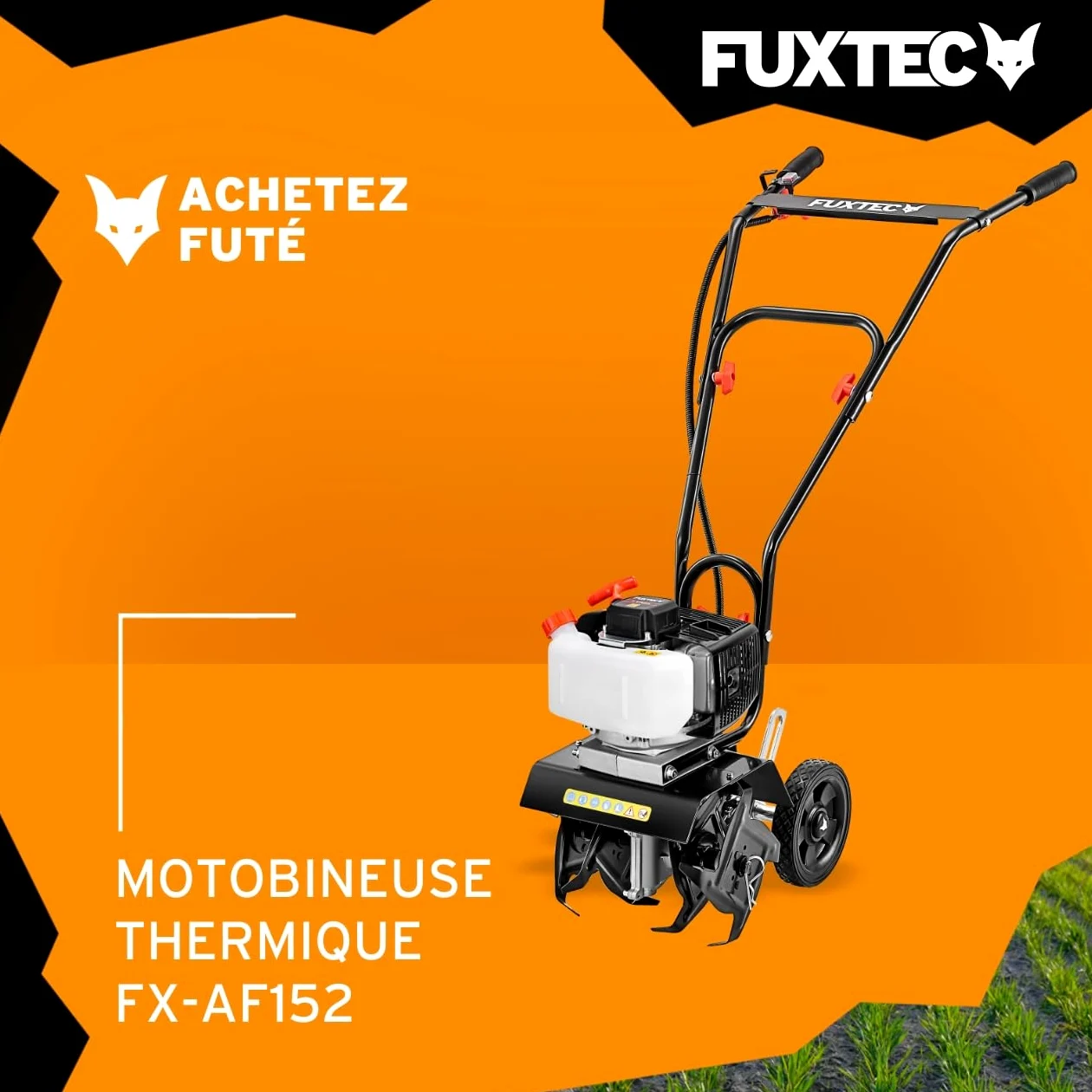 FUXTEC Motobineuse thermique FX-AF152 – Moteur 2 temps 51,6 cm³ – 23 cm de largeur – Profondeur de 70 mm – Fraises étoilées – Léger & maniable – Poignée ergonomique