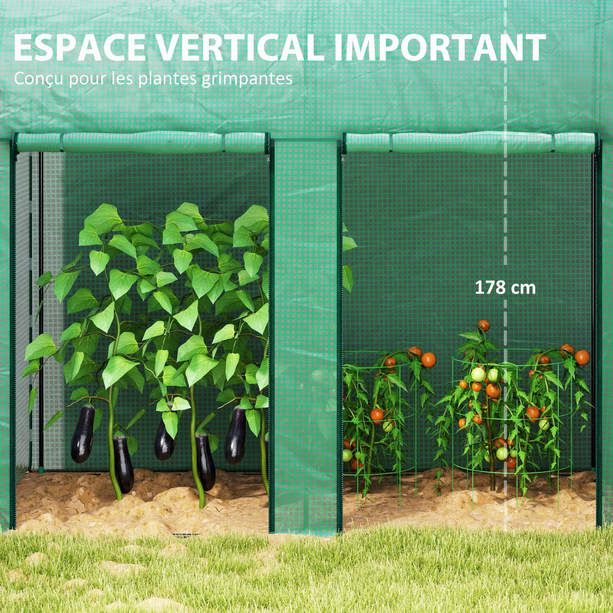 Outsunny Serre de Jardin PE, Serre de Balcon, bâche renforcée 140 g/m², châssis en Acier, 2 Portes zippées enroulables, pour légumes Plantes Fleurs, intérieur et extérieur, 200 x 100 x 178 cm, Vert