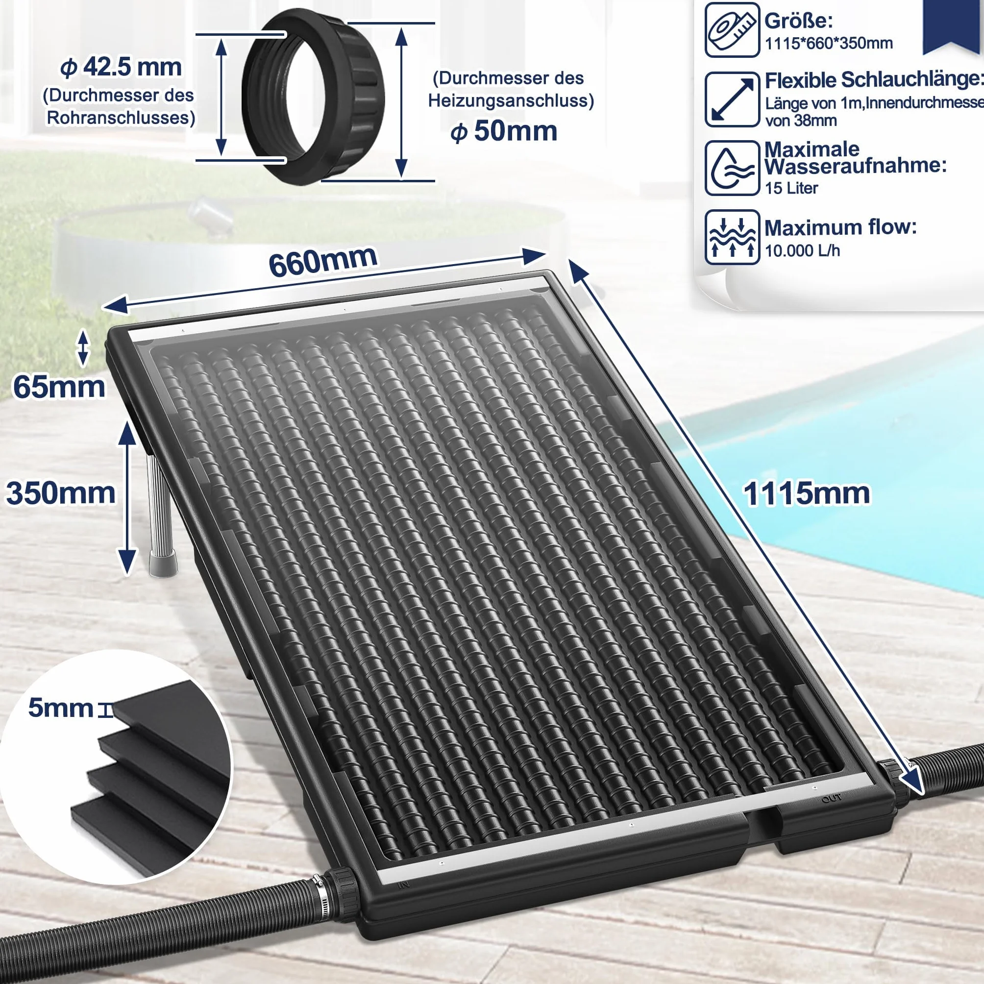 Panneau solaire pour piscine UISEBRT 111,5 x 66 x 6,5 cm plastique résistant aux UV avec plaque de protection
