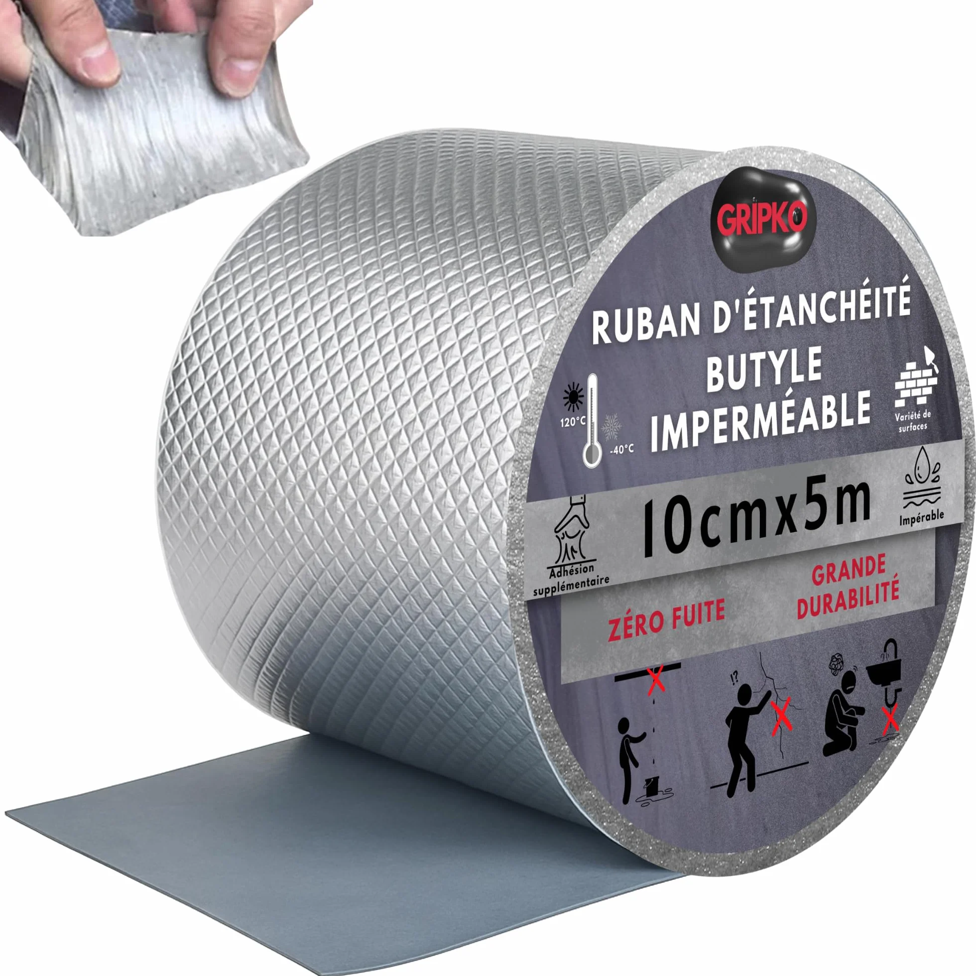 Ruban Butyle 10cm x 5M Bande d'Étanchéité Impermeable Autocollant Aluminium Réparation Tuiles Fissures Fuites Adhésif