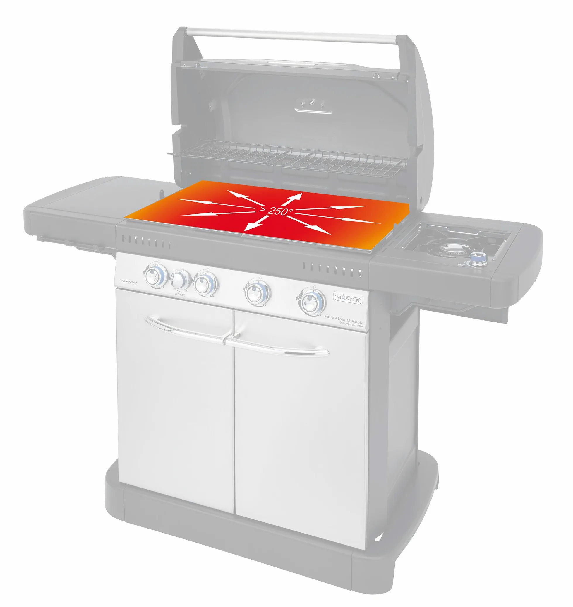 Campingaz Barbecue à Gaz Class 4 LBD, 4 Brûleurs en Inox, Puissance 12.8kW , Système de Nettoyage Facile InstaClean, Grille et Plancha en Acier Double Émaillage, 2 Tablettes Latérales