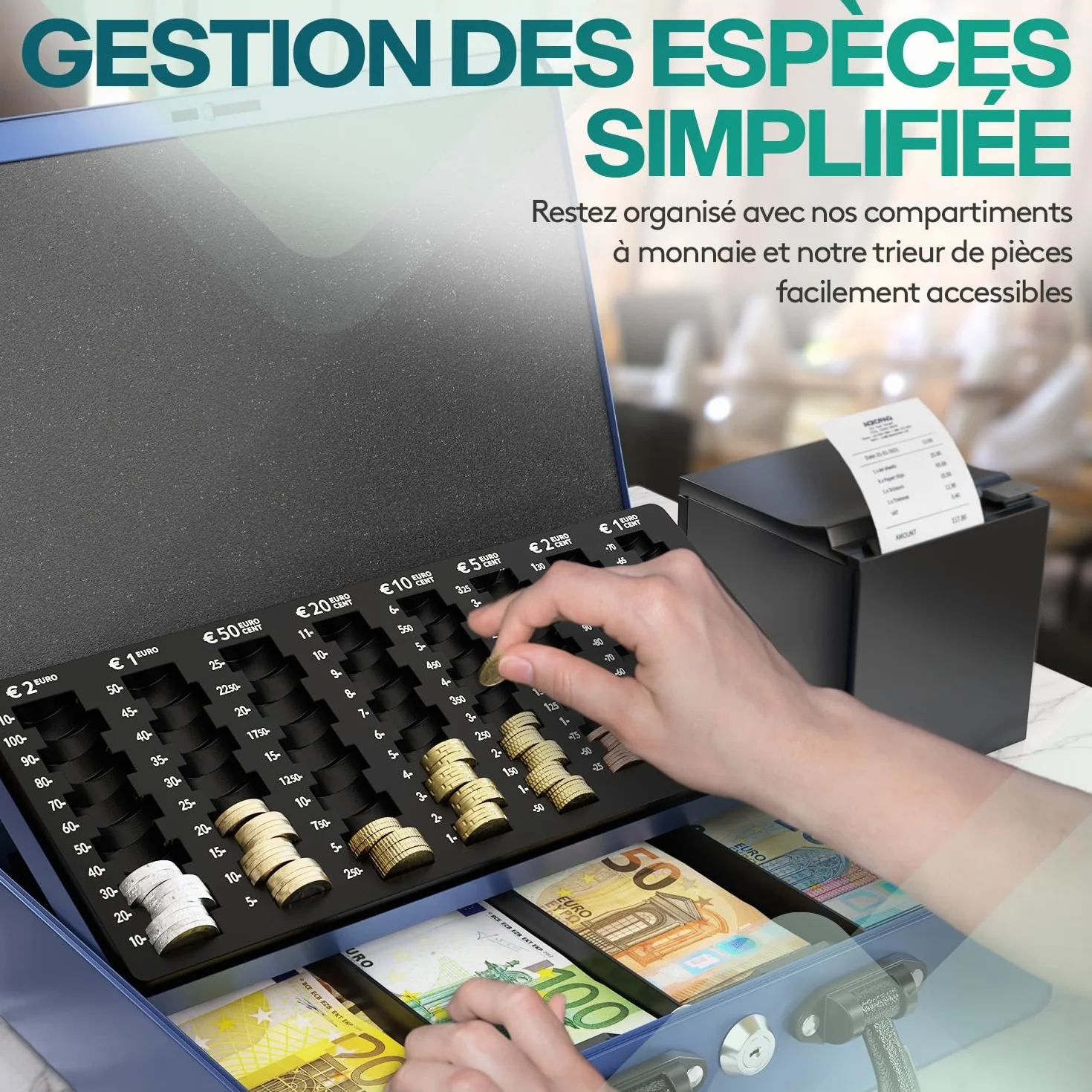 ACROPAQ Caisse monnaie grande professionelle avec monnayeur et 2 clés, Bleu