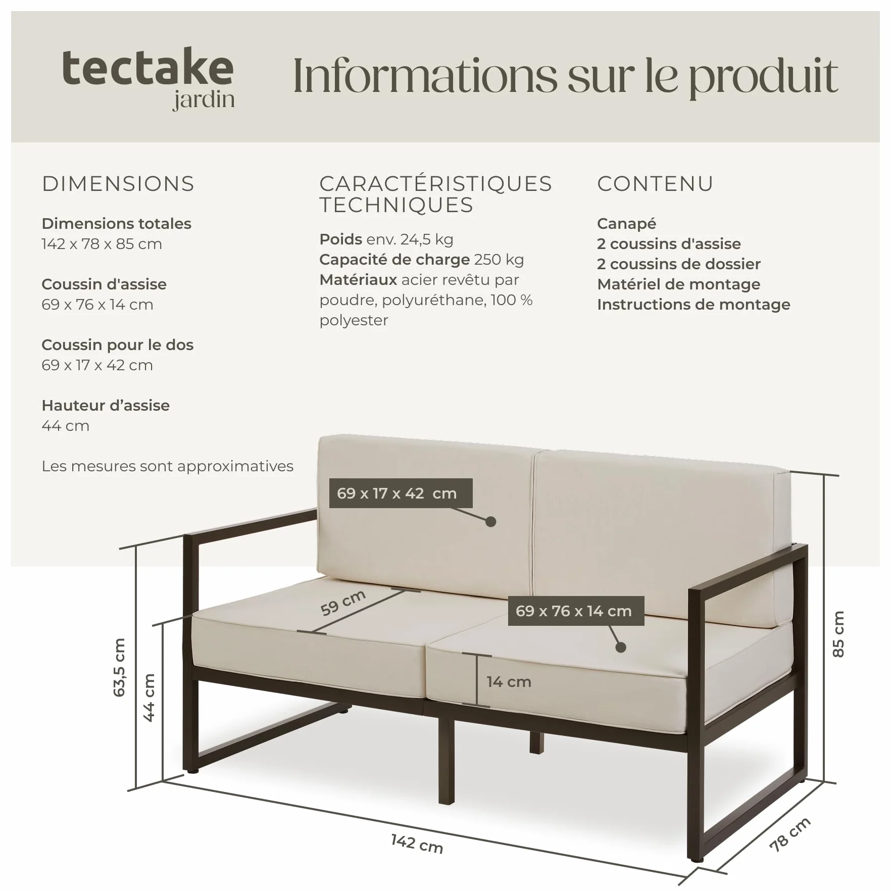 tectake® Salon de Jardin Exterieur Canapé 2 Places Banquette de Jardin Coussins épais Inclus Cadre en Acier laqué époxy Mobilier Canape Exterieur Amenagement Balcon Terrasse Veranda Maison