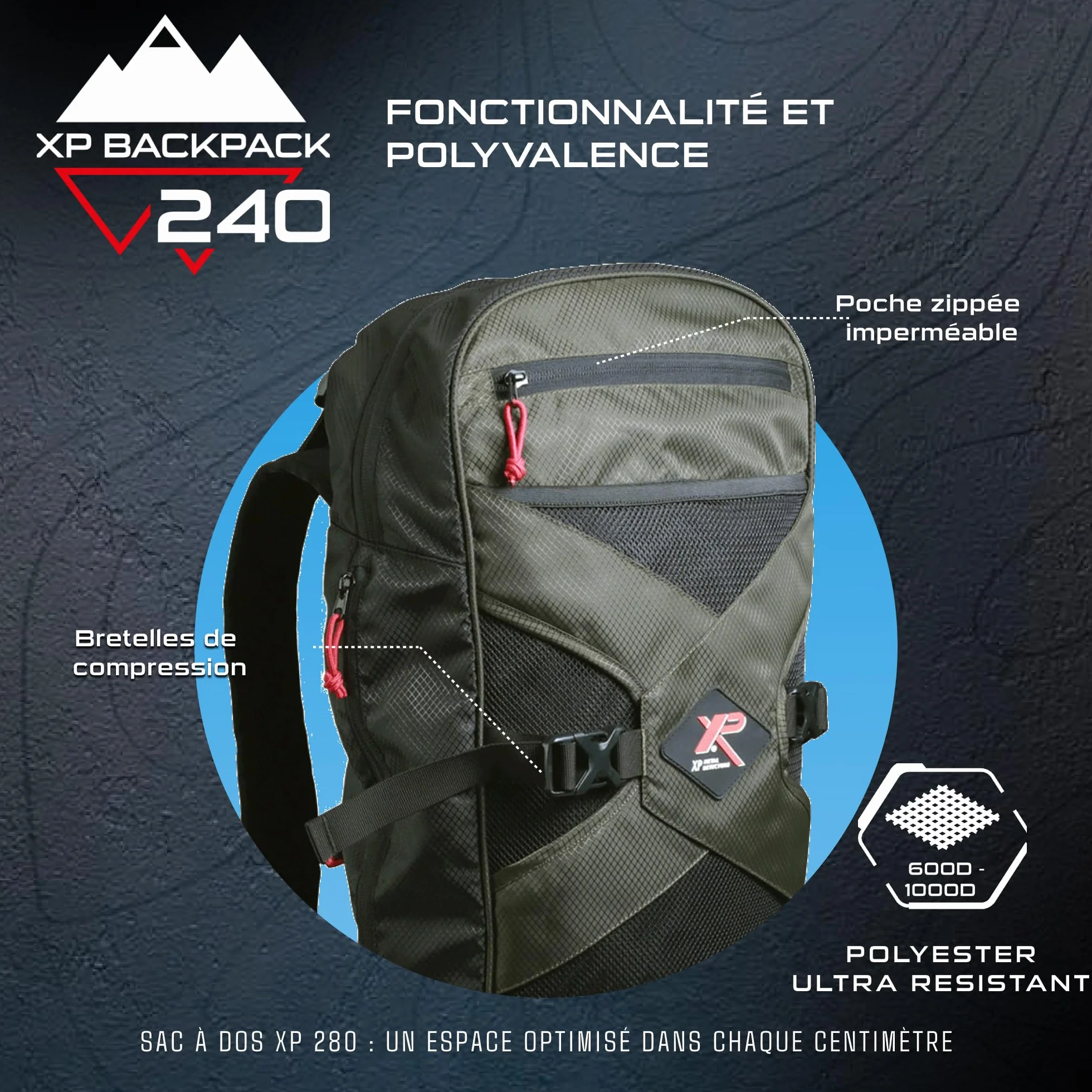 XP Metal Detectors Backpack240, Sac à Dos léger et Robuste conçu spécialement pour détecteur de métaux, Ergonomique et Pratique avec Plus de 8 Pochettes et Compartiments dédiées (XPBACKPACK240)