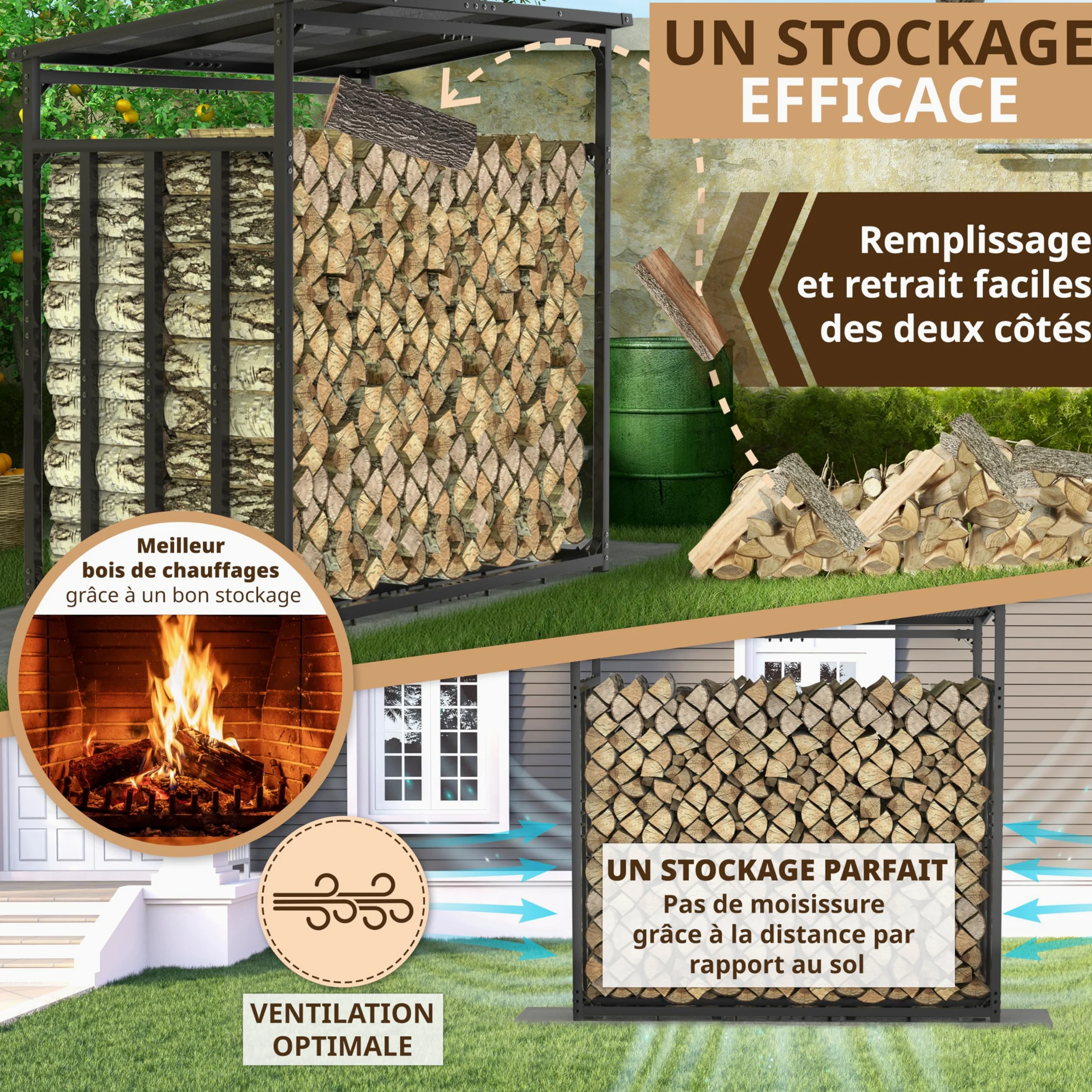 Étagère à bois de cheminée en métal extérieur, Anthracite, 185x105x185cm | galvanisée Anthracite Section 4 x 4 cm Charge maximale 3,5 t Avec toit abri bûche pour bois de chauffage Range buche