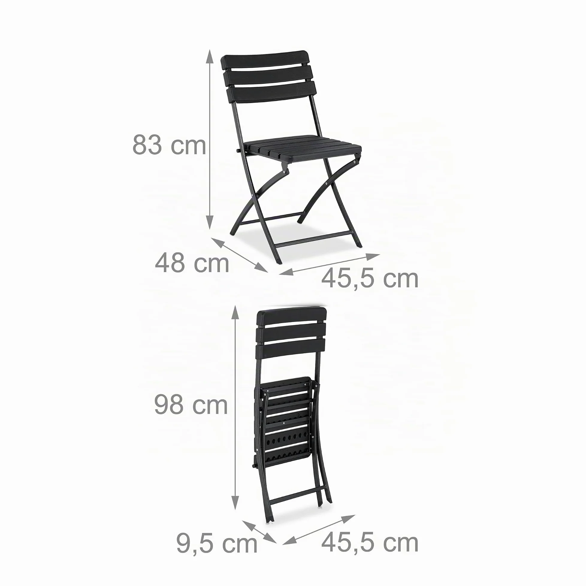 Relaxdays Table Pliante et 2 chaises pour Balcon, Aspect Bois, Acier et Plastique, Meubles terrasse, Noires