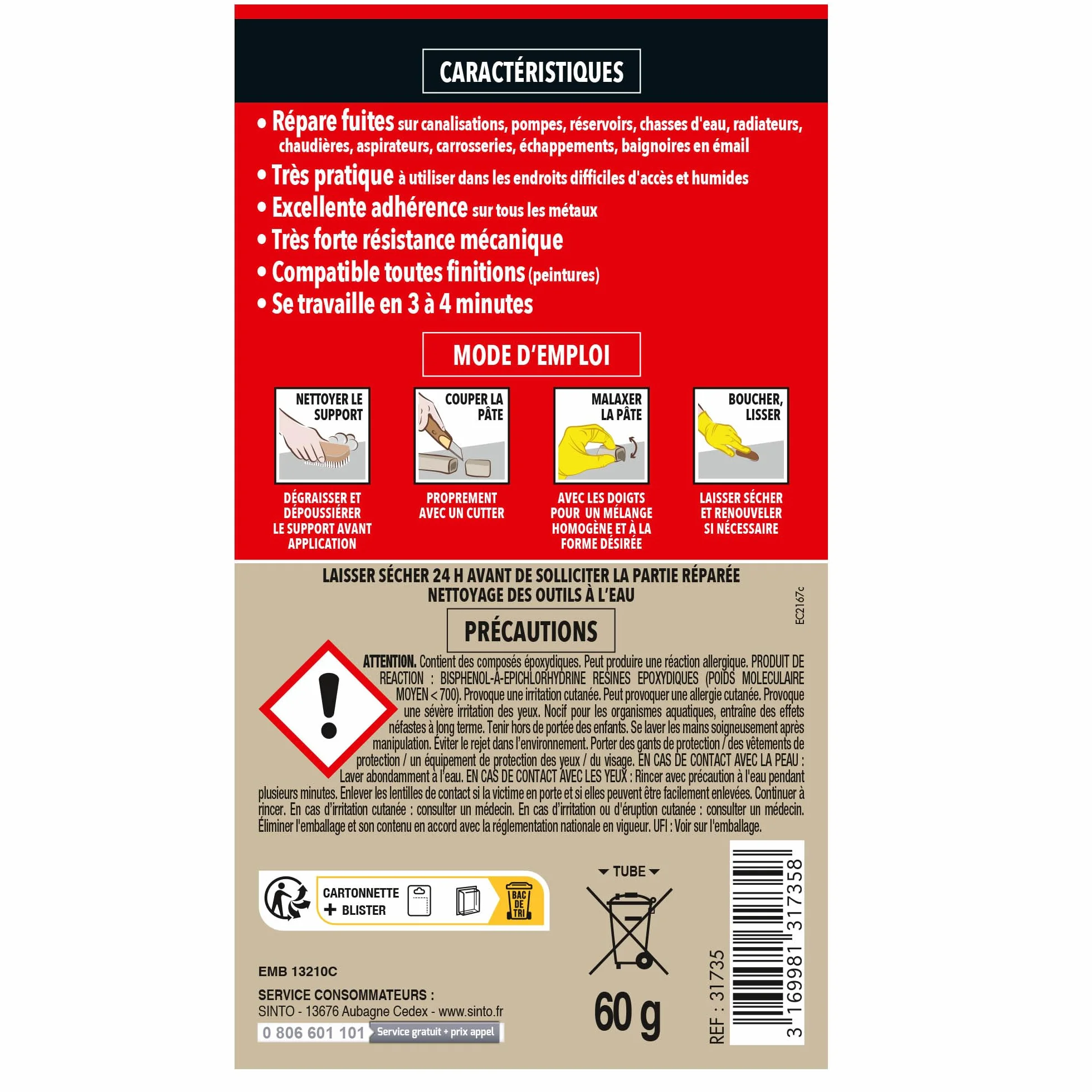 SINTO Répare Métal Rapide 60g Cuivre - Rebouche, Assemble, Soude - Résiste Pression Eau Températures Extrêmes