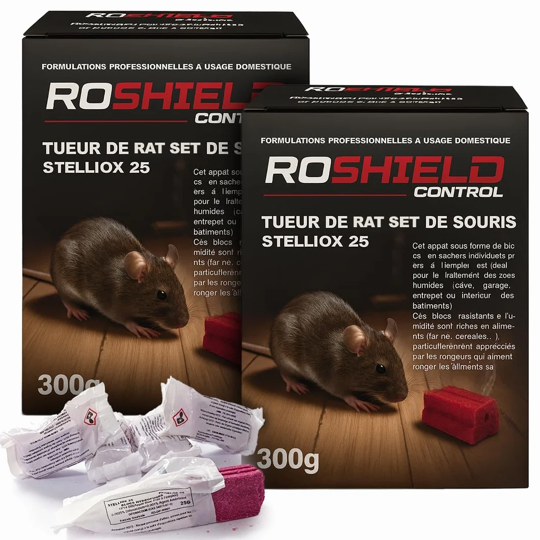 Roshield Anti Rats & Souris 600g Forte Infestation Habitation et Cuisine Efficace dès la 1ère Ingestion Idéal pour Lieux Secs & Humides (600g, 24x25g)