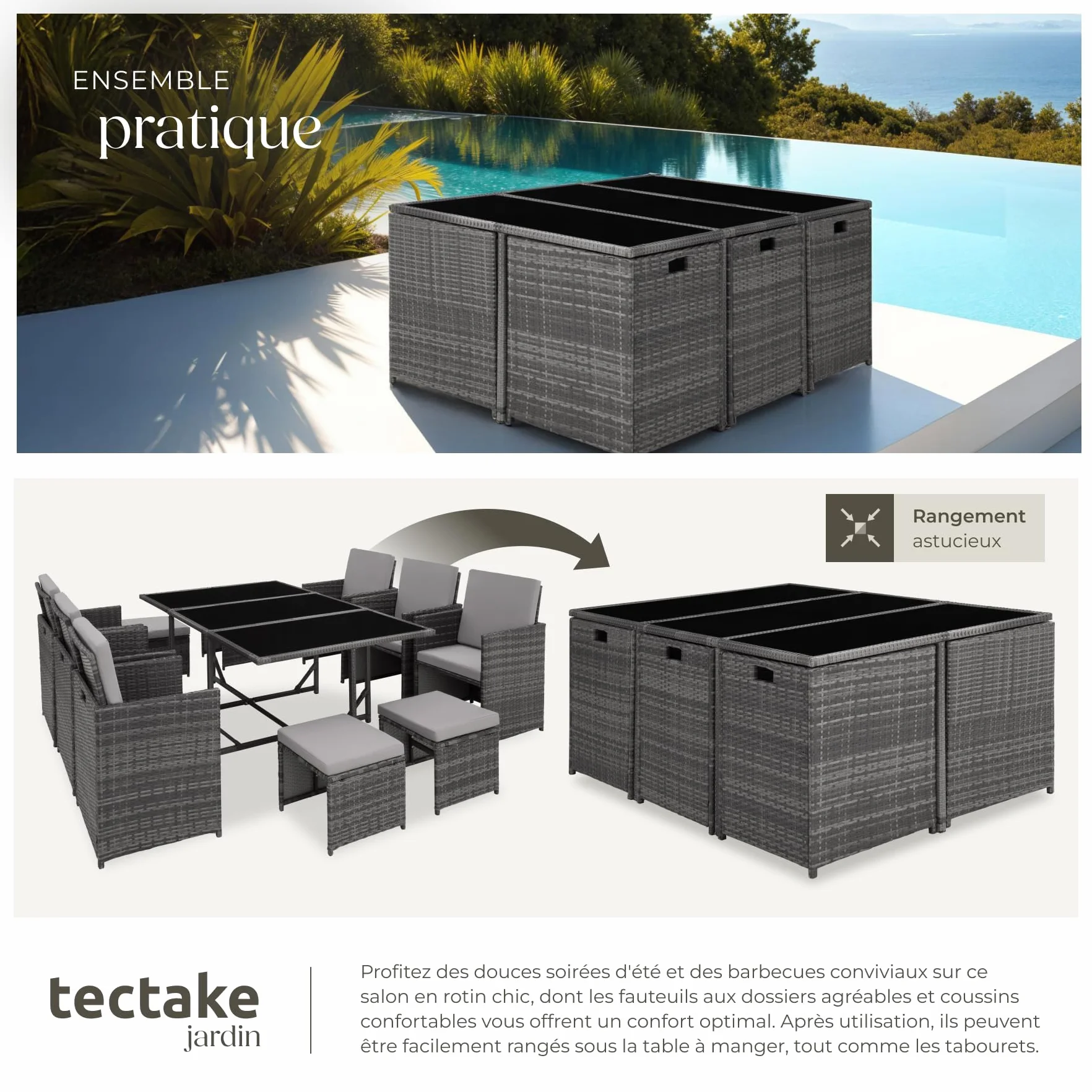 tectake Salon de Jardin Résine Tressée Poly Rotin Table 10 Personnes 6 Fauteuil 4 Tabouret Pouf Housse Protection