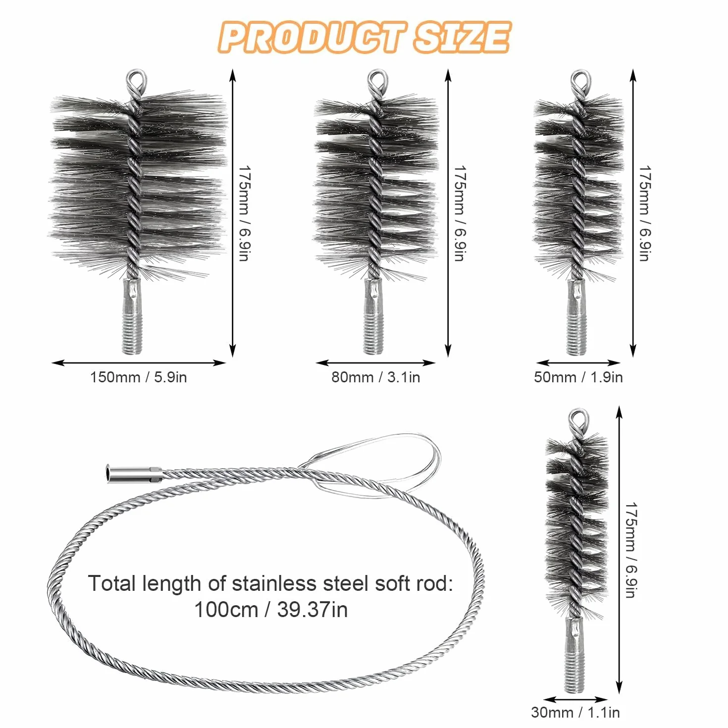 Kit de Hérisson de Ramonage 5 Pièces, Goupillon Métallique pour Poêle à Granulé, Tuyaux et Gaines Souples