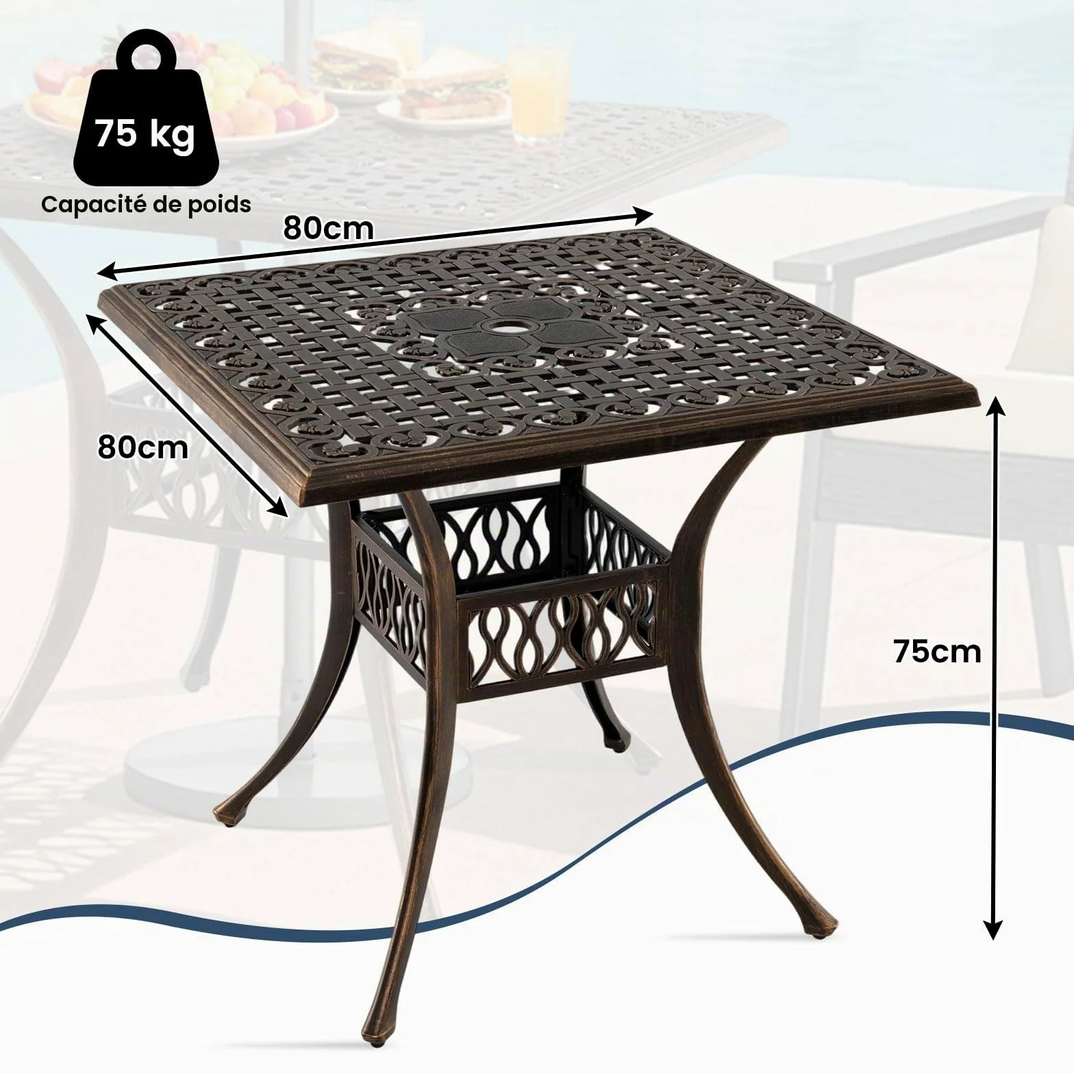GIANTEX Table de Jardin Bronze avec Trou de Parasol de Ø 4,8 cm, Table de Balcon en Fonte d'Aluminium 80 x 80 cm pour 4 Personnes, Pieds Réglables, pour Terrasse, Jardin