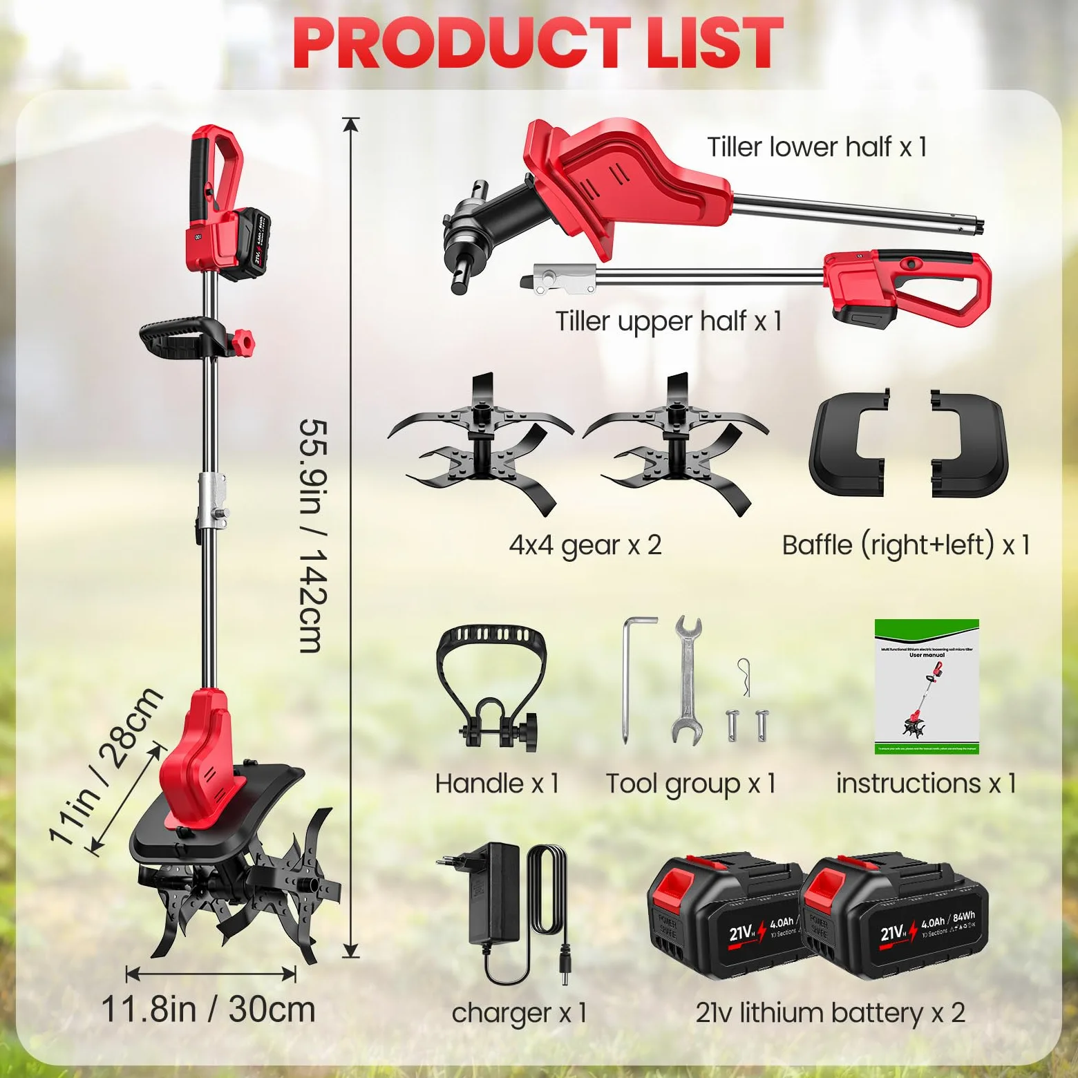 Motobineuse Électrique, 21V Motoculteur Électrique sans Fil avec 2 × 4.0Ah Batterie, Trois Types de Lames, Interrupteur à Double Sécurité, 30CM Largeur et 22CM Profondeur, pour Jardinage et Cultivate