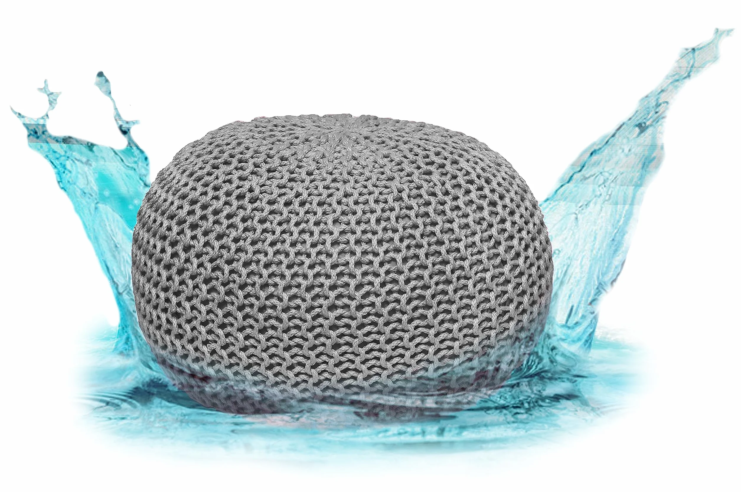 Pouf de haute qualité, imperméable, Ø 55 cm ou 45 cm, pouf pour intérieur et extérieur, effet tricot épais, pour jardin, terrasse, piscine, 100% plastique recyclé (gris argent, Ø 55 cm)