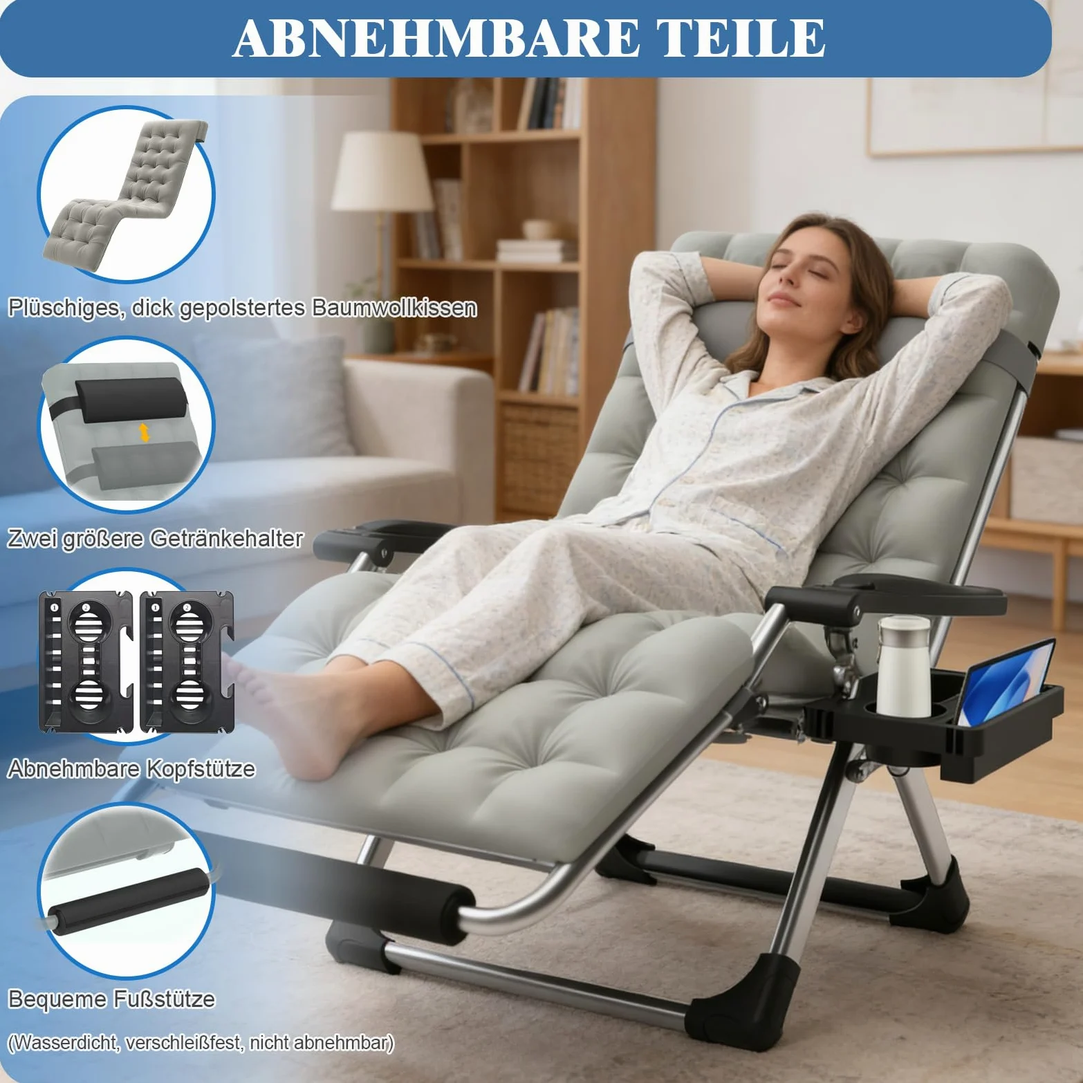 Fiutazge Chaise Longue Pliable Jardin 72cm,Dossier Réglable,Capacité 240kg,avec Coussin, Appui-tête, Porte-Boisson, Repose-Pieds et Housse,Transat de Jardin pour Terrasse,Balcon,Piscine,Camping-Gris