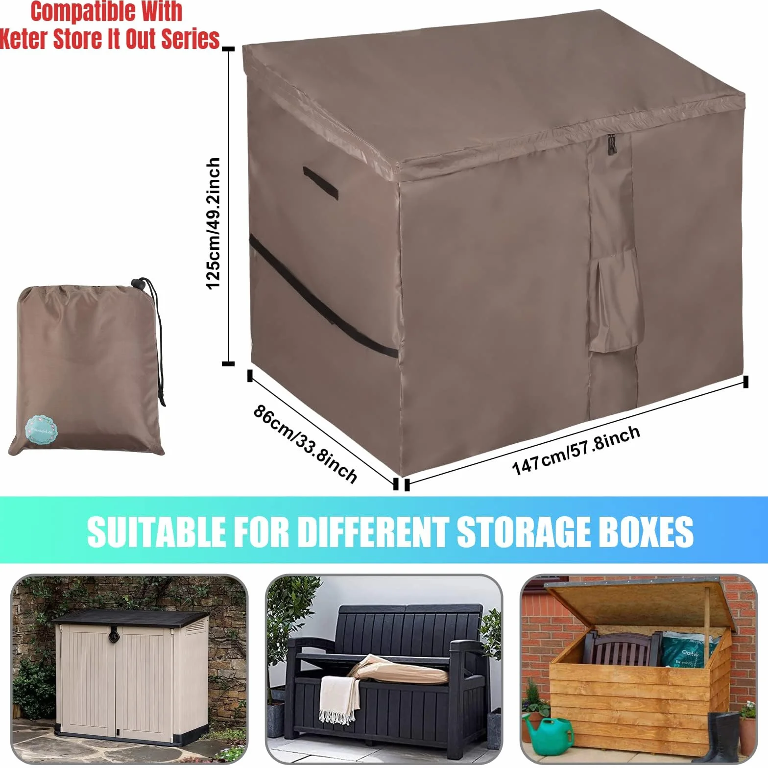 Housse Imperméable pour Abri de Jardin, Bâche de Coffre de Rangement Extérieur avec Dessus à Ouverture Facile, Pour la Série Store It Out, 420D Oxford Brun (147*86*125cm)